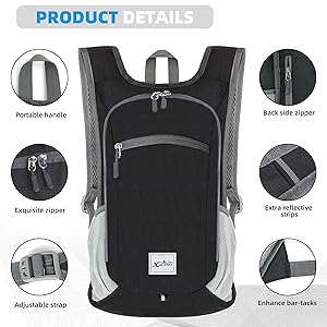 Xgunion Hiking Backpack 10L Small Travel Backpack Lightweight Daypack Foldable Hiking Backpack Packable Camping Hiking Backpack for Women Men (Black)