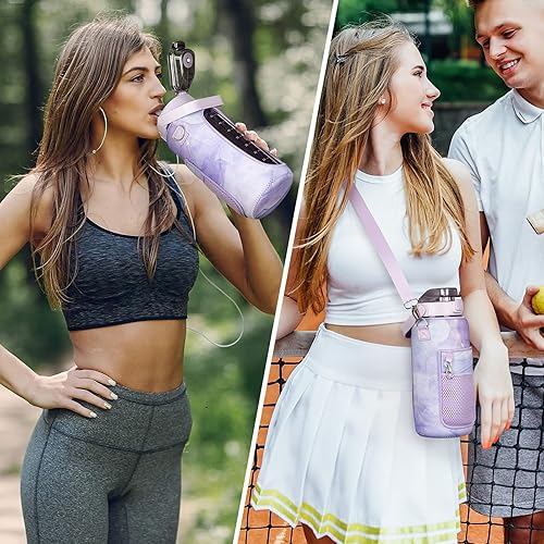 Miniatura 5 de Botella de agua de medio galón con manga, botella de agua motivacional de 64 onzas con popote y marcador de tiempo, botella de agua grande para