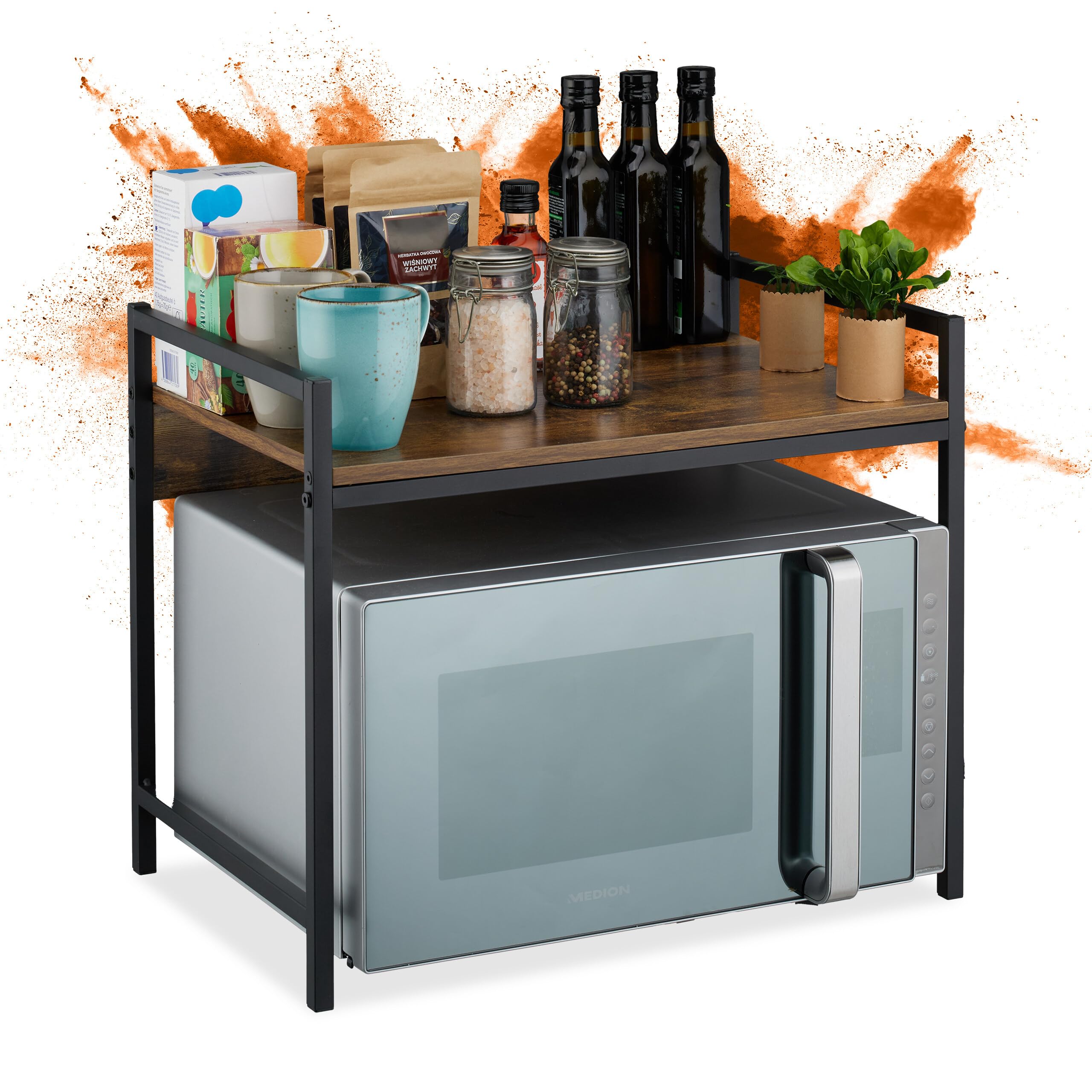 Relaxdays microwave shelf, HxWxD: 40 x 53 x 33 cm, iron, MDF, stable, space-saving, standing kitchen shelf, black/brown