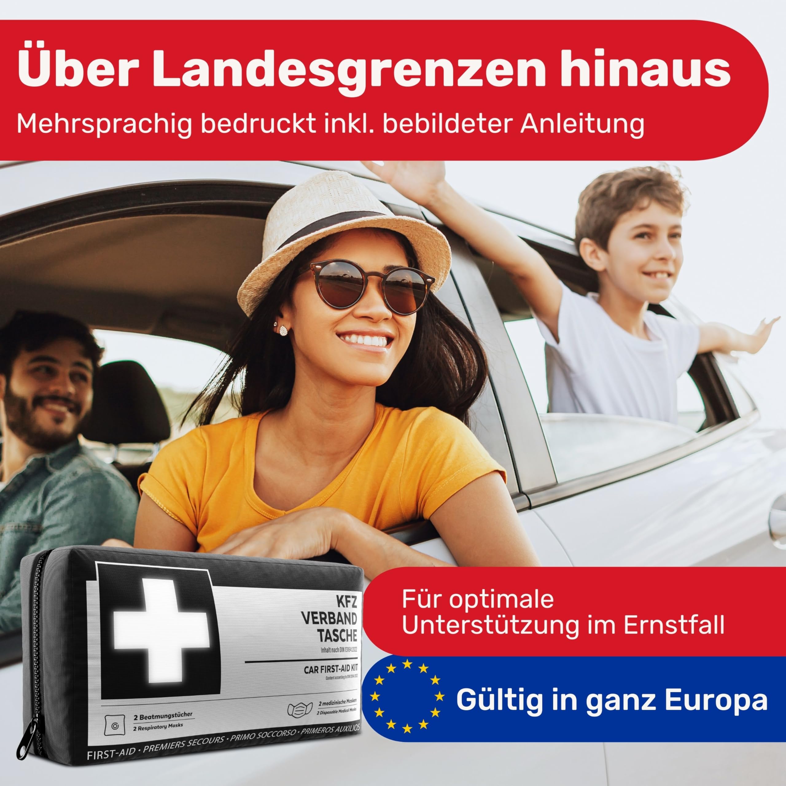 Borsa di medicazione per auto secondo la norma attuale 2026, con panni di ventilazione, utilizzabile in tutta Europa, set di pronto soccorso, DIN 13164:2022 (conforme alle norme locali vigenti)