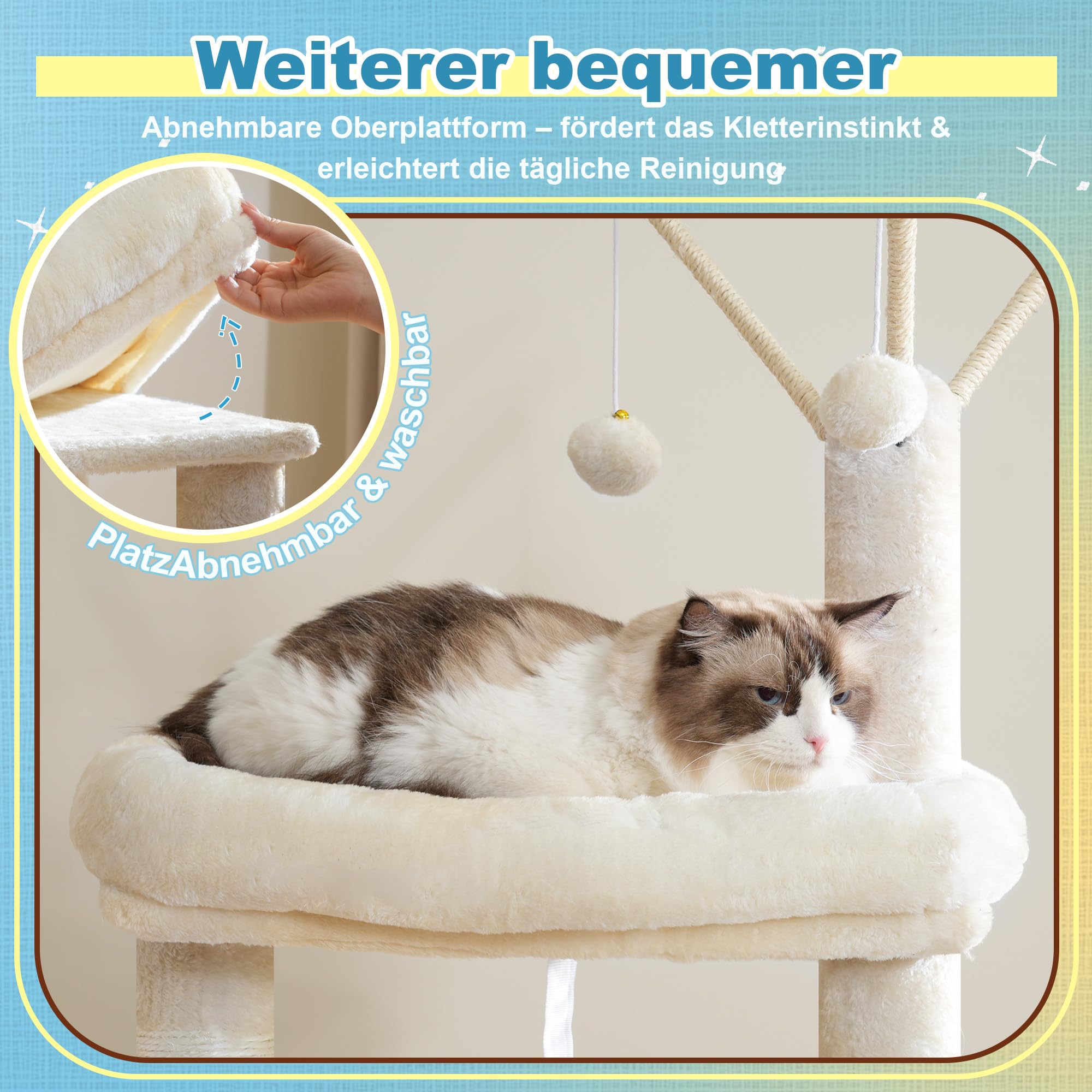 Hey-brother Kratzbaum, Stufiger Katzenbaum für Großkatze, mit 3 Katzenbetten, großer Hängematte, liegefläche und Sisalkratzbrett – großes internes Katzenmöbel, 160 cm hoch, Beige EMPJ081M