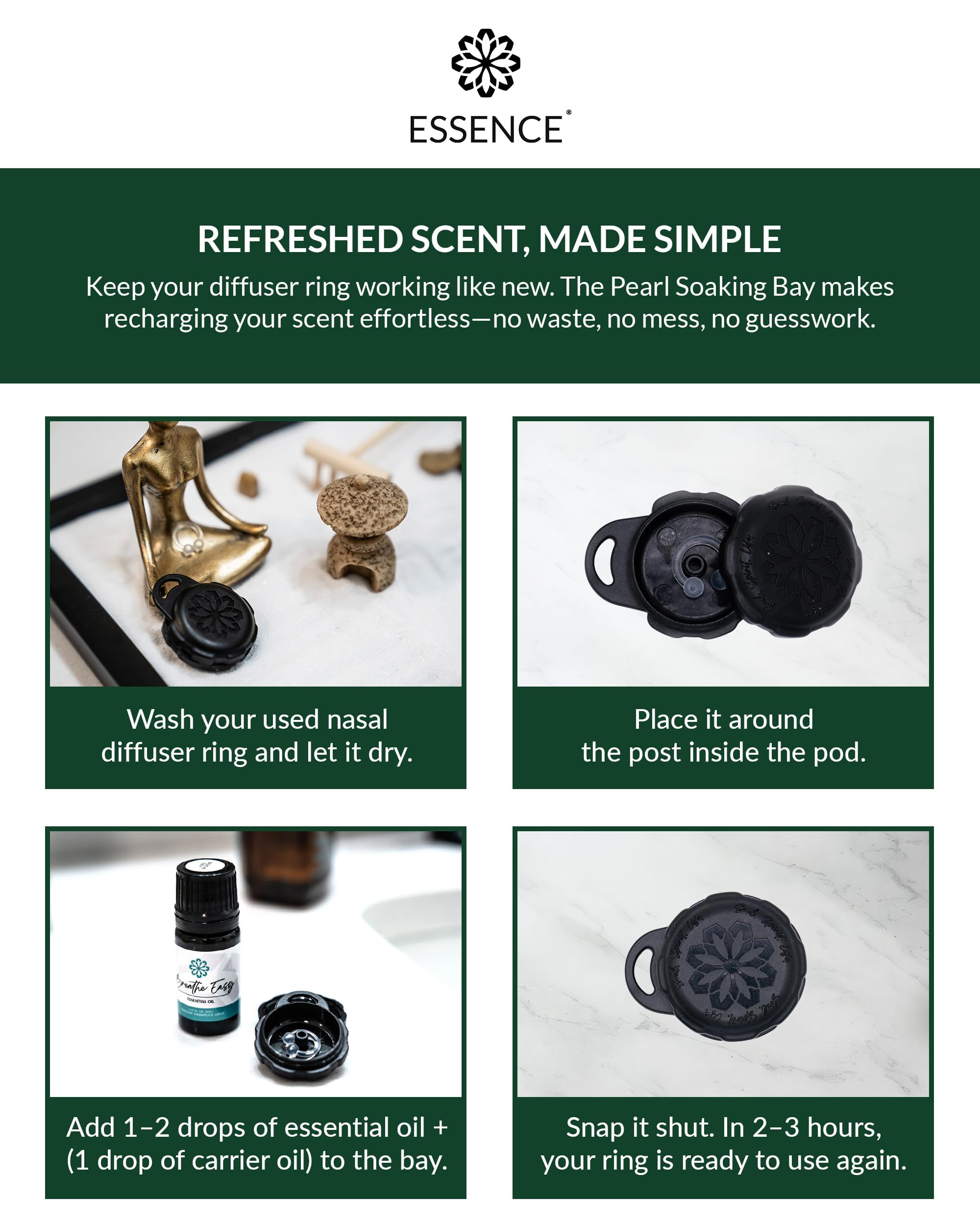 Essence Pearl Trousse de voyage – Kit d'aromathérapie portable avec anneaux diffuseurs nasaux, baie de trempage et huile essentielle de 5 ml – Coffret cadeau de bien-être portable pour soins