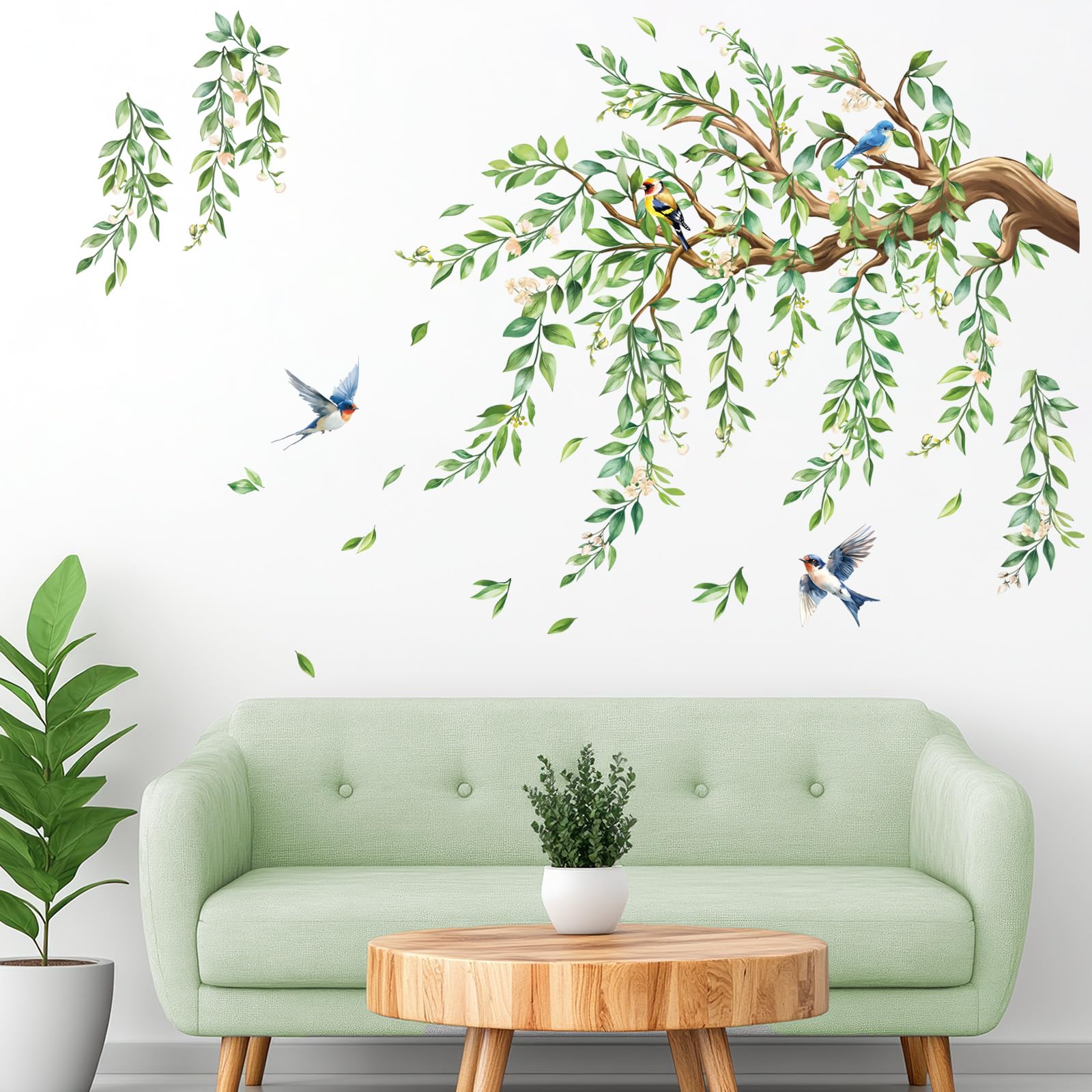 FUFUQUARE Large Tree Branch Wall Art Decals Green Hanging Vine Floral Birds Wall Stickers PVC Removable for Living Room Bedroom Playroom Nursery