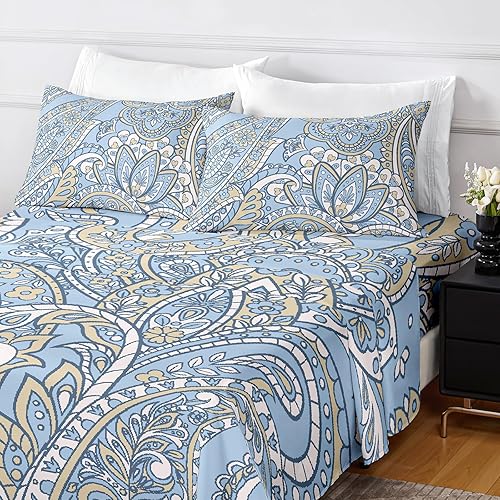 Miniatura 7 de Sábanas tamaño King  Paisley  Sábanas lujosas de microfibra cepillada de 3.17 ozm  Sábanas refrescantes transpirables para cama tamaño King