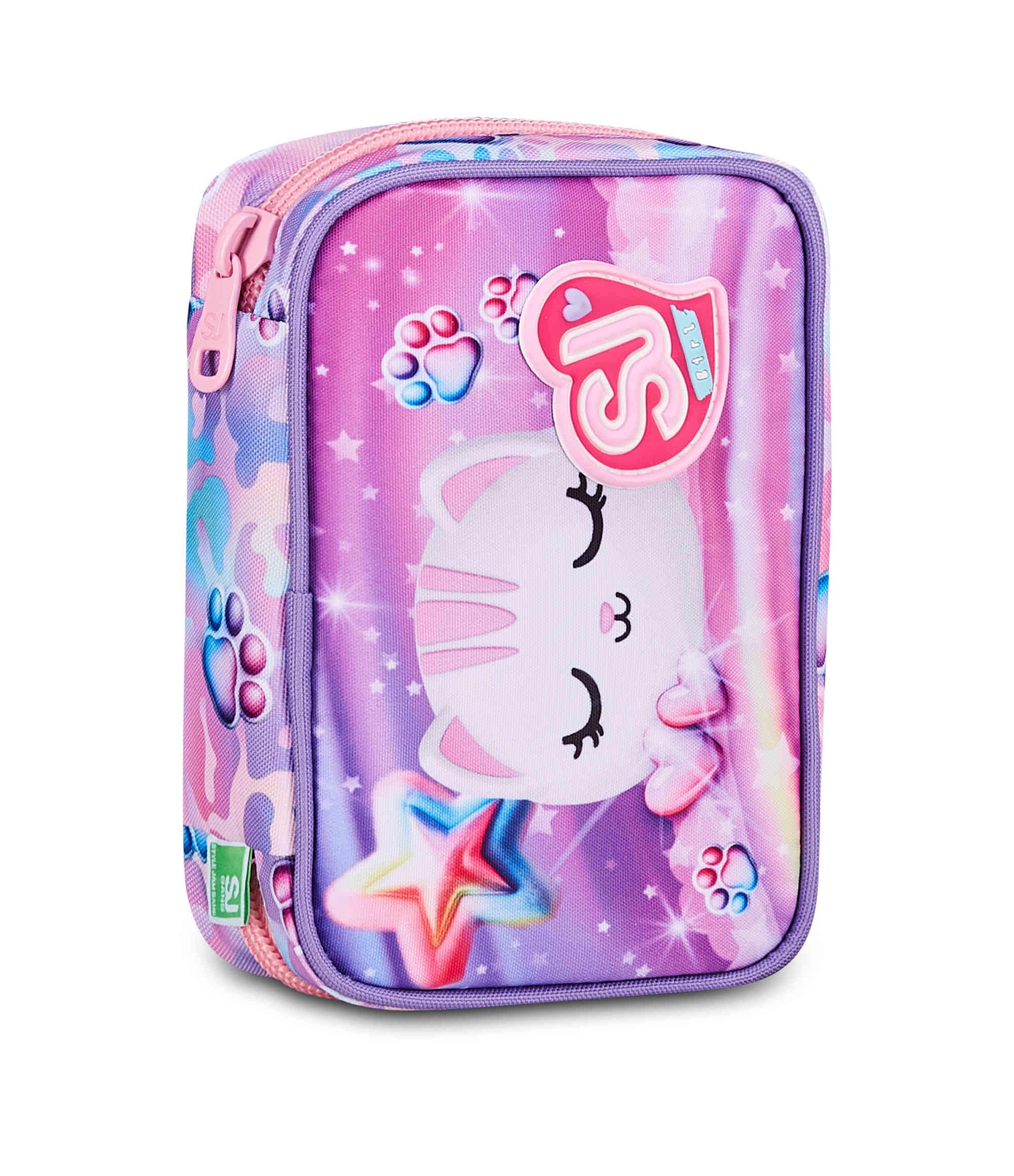 SJ GANG STYLE JAM GANG Astuccio Scuola Speed Pad Plus GLOWCAT, Viola, Portapenne Monoscomparto Attrezzato, 45 pezzi, Planche amovibili, Tasca interna, Accessori Zaino, Scuola elementare, Bambina