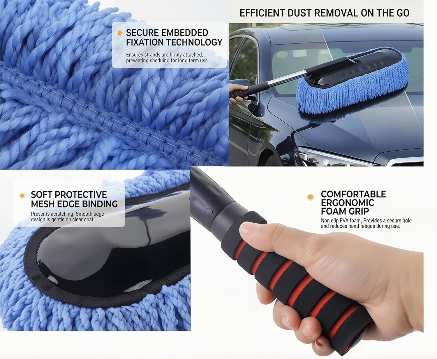 35" Car Wash Mop with Long Handle - Lightweight Microfiber Chenille Car Cleaning Brush - Telescopic & Detachable Car Wash Brush with Washable Head, Scratch-Free Cleaning Tool for Car, SUV, RV, Truck