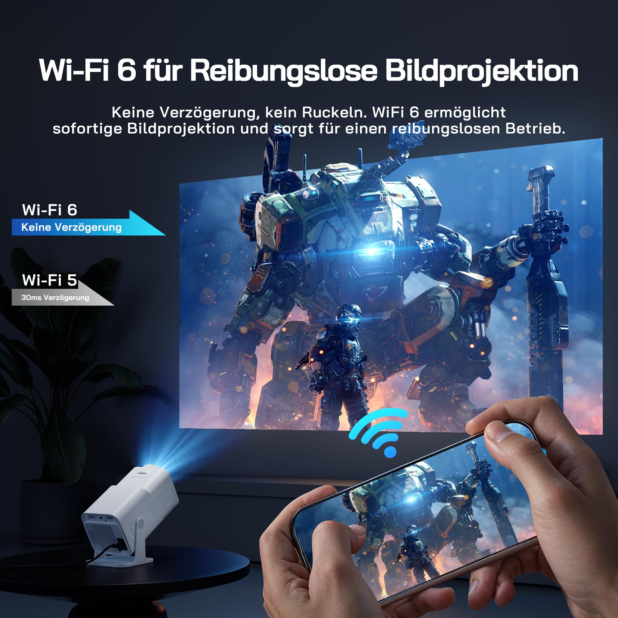 WOLFANG 4K Mini Beamer mit Offiziellem Netflix, 26000 Lumen WiFi 6 Smart Projektor mit 50% Zoom & Trapezkorrektur, 180° Drehbarer Heimkino Beamer Kompatibel mit TV Stick/iOS/Android/PC/PS5/HDMI/AV