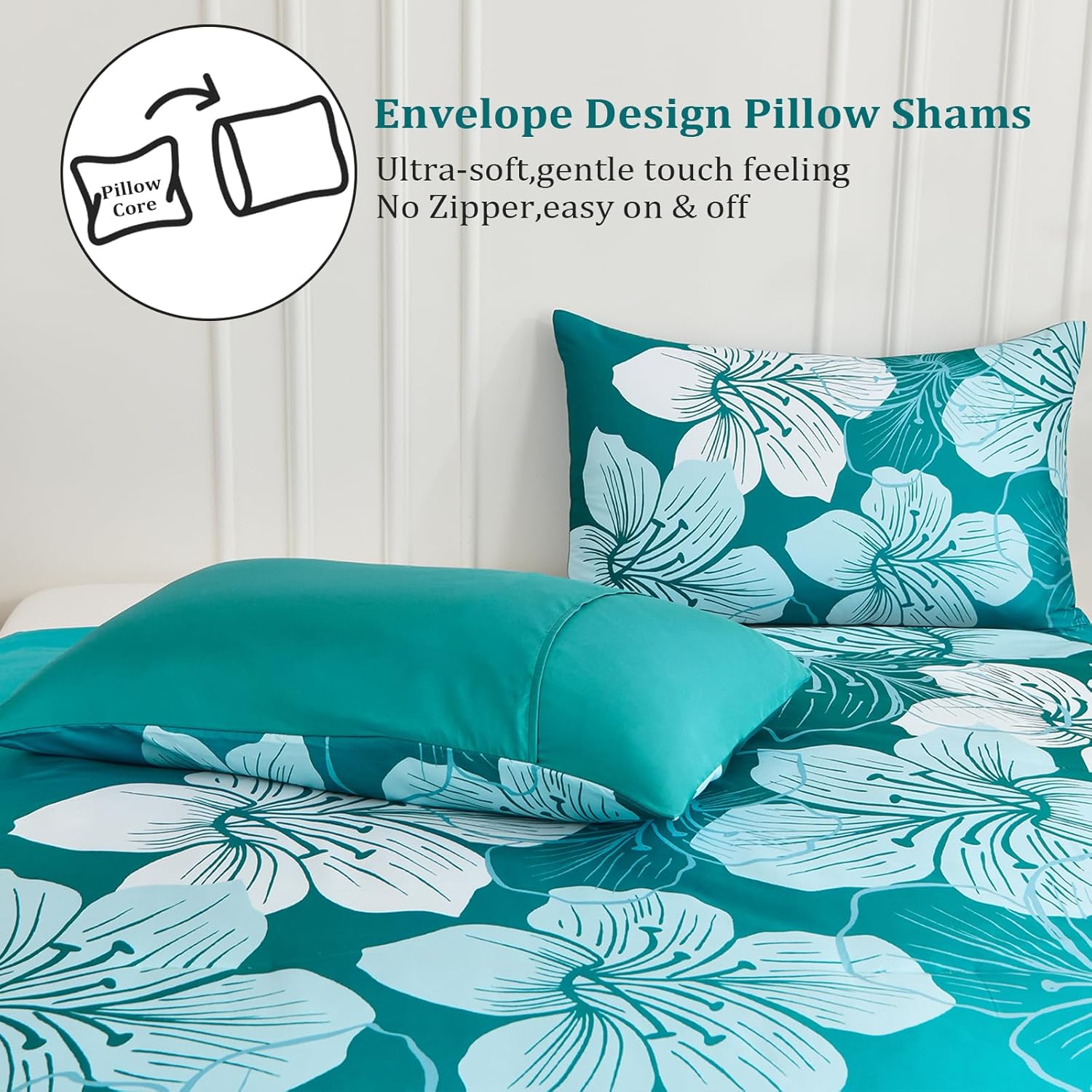 Menghomeus Queen Comforter Set Gradient Teal Bedding Floral Comforter Sets - Soft Microfiber Bed Comforter Set for All Season, 3 Piece Botanical Flowers Comforter, Pillowcases - Image 6