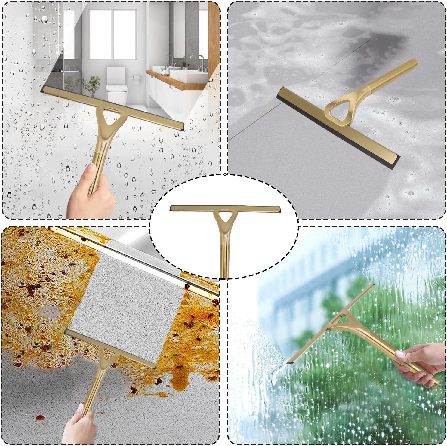 8.9x8.7inch Gold Stainless Steel Shower Squeegee Window Squeegee with Hanging Hook - Glass Wiper Squeegeer Cleaning Tool for Clean Ceramic Tile,Shower Door, Mirror,Window,Car Glass,Table Top