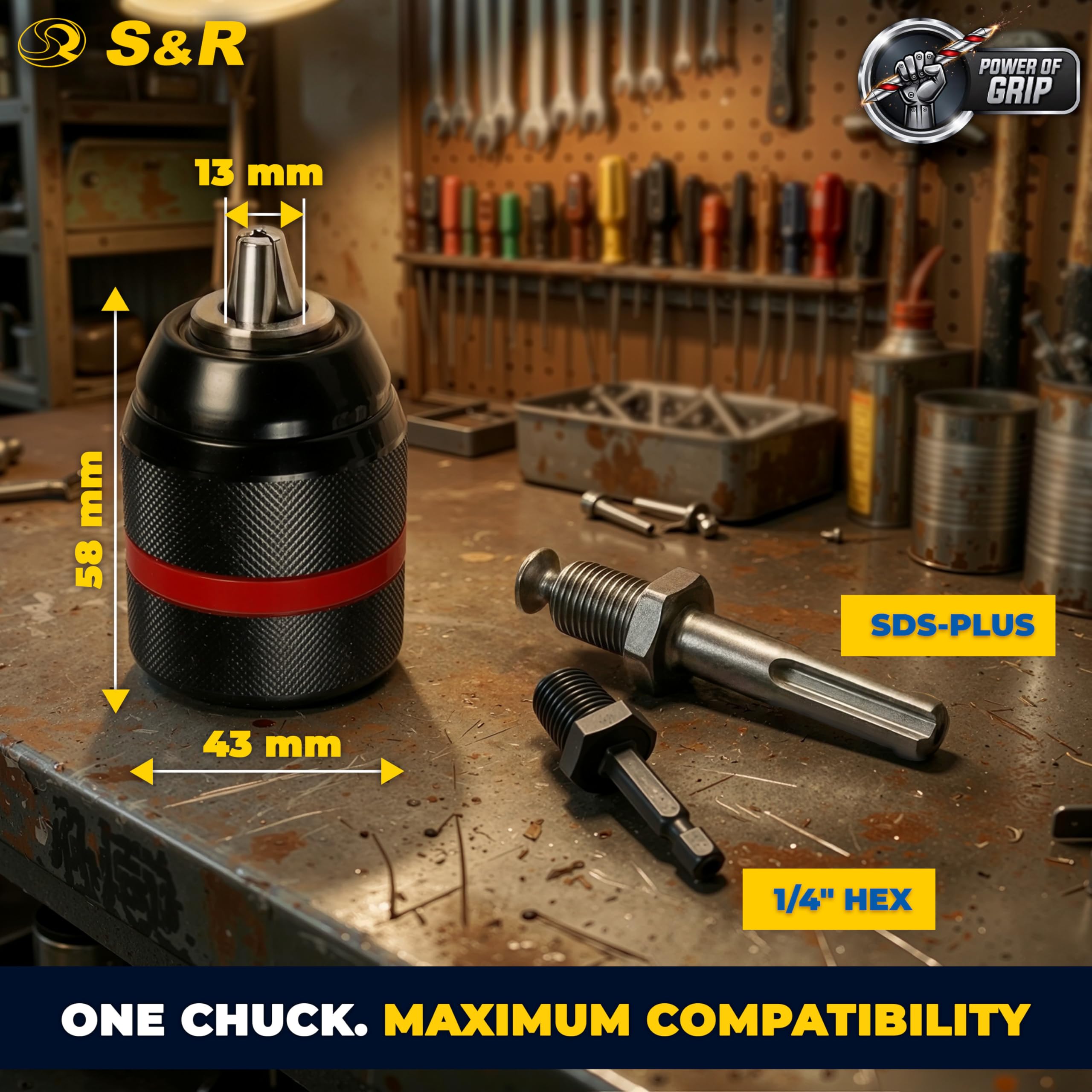 S&R Szybkozaciskowy uchwyt wiertarski 2 mm – 13 mm 1/2-20 UNF z adapterem SDS-plus i adapterem sześciokątnym HEX, szybkozaciskowy uchwyt wiertarski z gwintem, uchwyt szybkozaciskowy do wiercenia