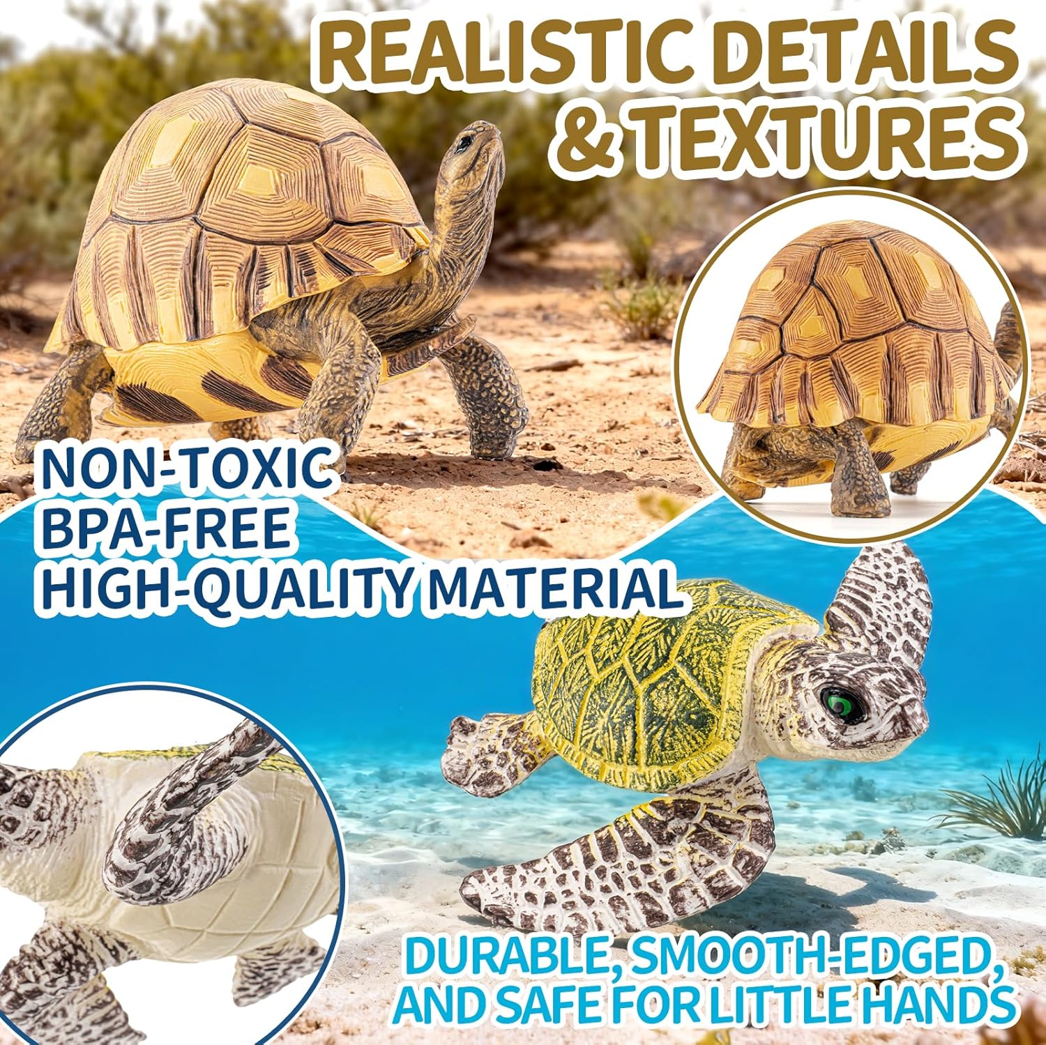 4PCS Large Sea Turtle & Tortoise Toys Figurines, Realistic Plastic Solid Sea Ocean Animals Figures Educational Toys for Kids Ages 3-5 5-7 4-8 8-12 Boys Girls