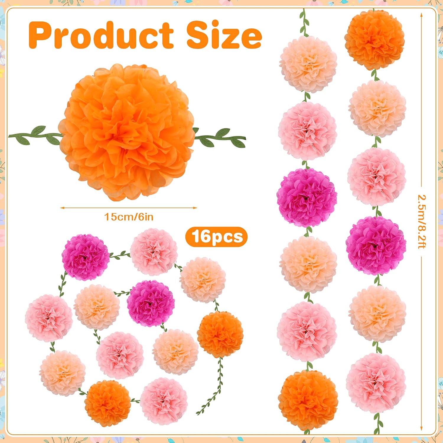BestoFun 16 PCS Orange Hot Pink Tissue Paper Pom Pom Garland, Flower Garland, Vibrant Party Decorations for Birthday Wedding Anniversary Baby Shower Fiesta Celebration