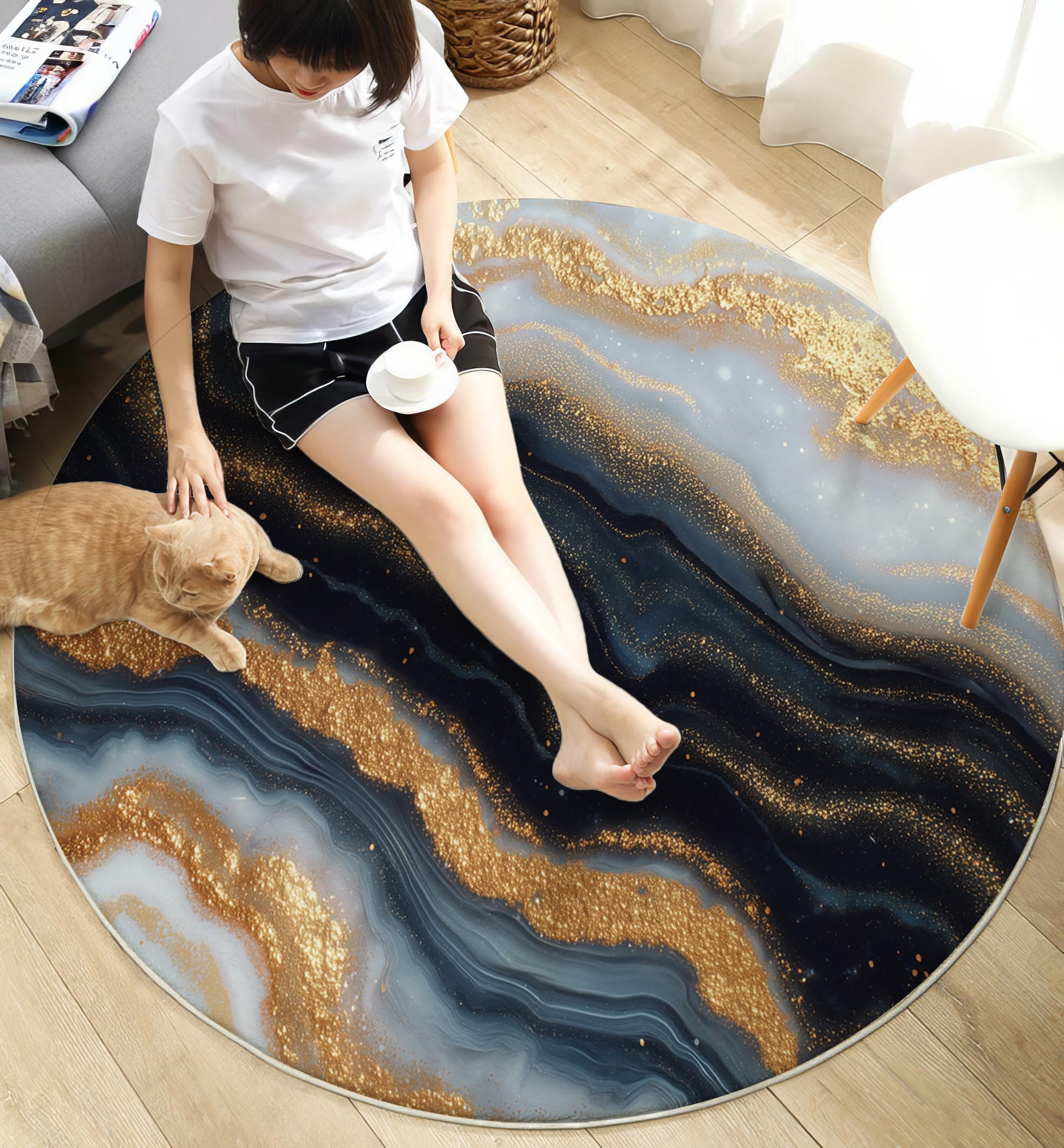 Tapis Rond Style d'art Abstrait Moderne - Lavable en Machine - Motif en Marbre - pour Salon, Chambre à Coucher, Salle de Bain - - Or - 160cm