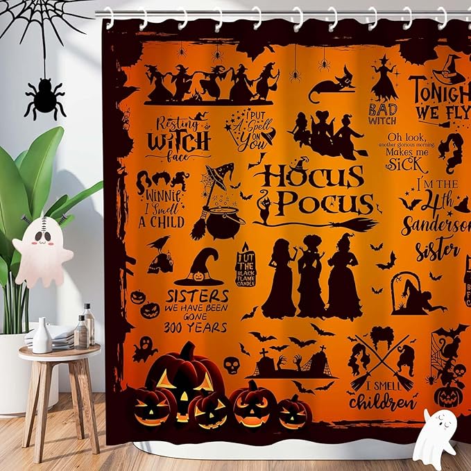 Metawu Halloween Shower Curtain Witch Shower Curtains Sets Witch Bat Spider Web Bathroom Curtain for Kids Waterproof Bathtubs Curtain 72