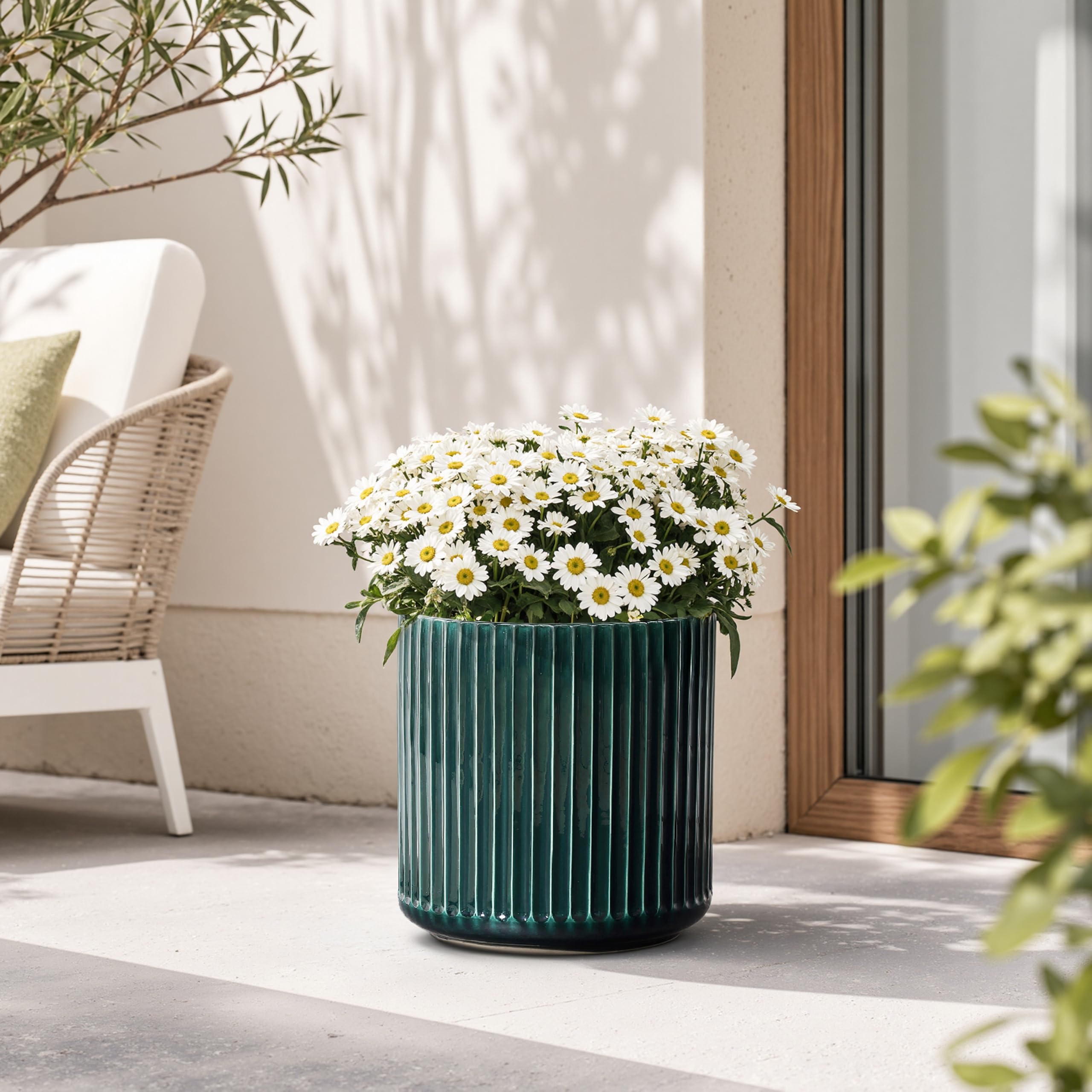 Keramik Blumentopf Groß, Ø30 Round Übertöpfe mit Drainage Dunkelgrün