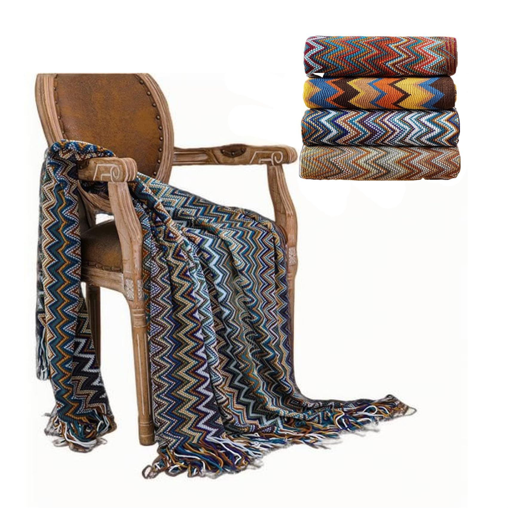 Boho Throw Blanket with Tassels, Soft Knitted Colorful Bohemian Blanket for Bed, Reversible Furniture Cover for Futon Couch Sofa Chair Recliner,