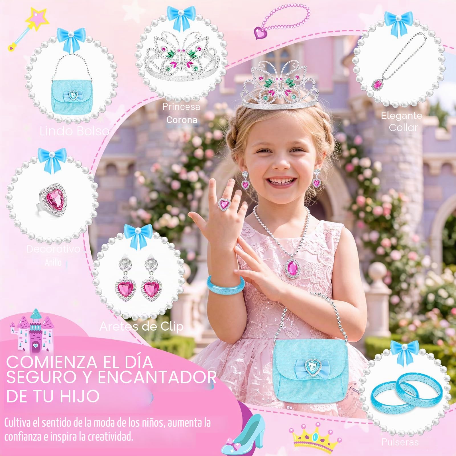 deAO Zapatos de Vestir de Princesa, Juguetes de Princesa con 4 Pares de Zapatos de Juego, 1 Bolso y Accesorios de joyería para niñas de 3, 4, 5, 6 años, Pulseras, Collares, aretes y Tiara de Corona,