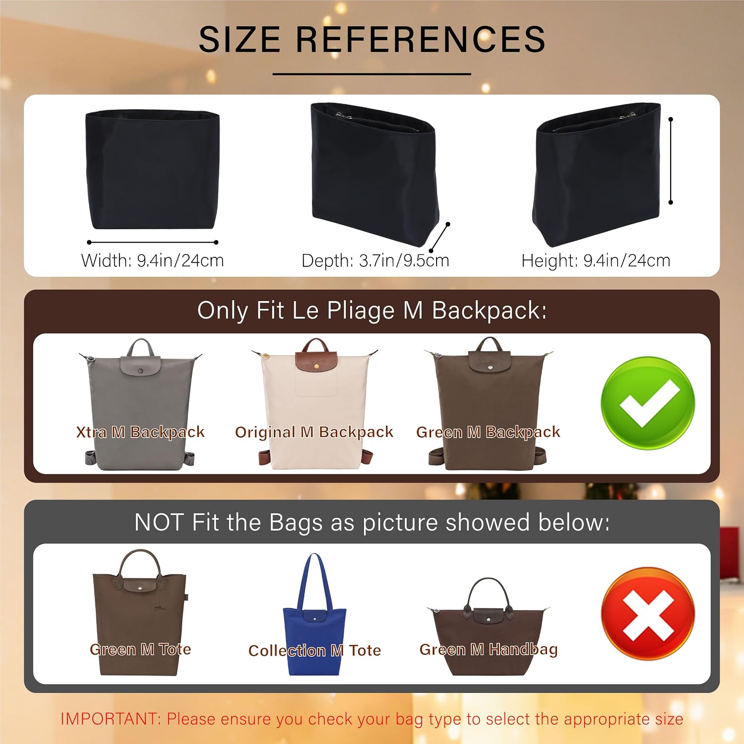 Soft Nylon Purse Organizer Insert for Longchamp Le Pliage M Backpack,Lightweight Luxury Long Champ Medium Backpack Divider Shaper,Zipper Bags Inner Linner with 4 Deepened Pockets,M/Black