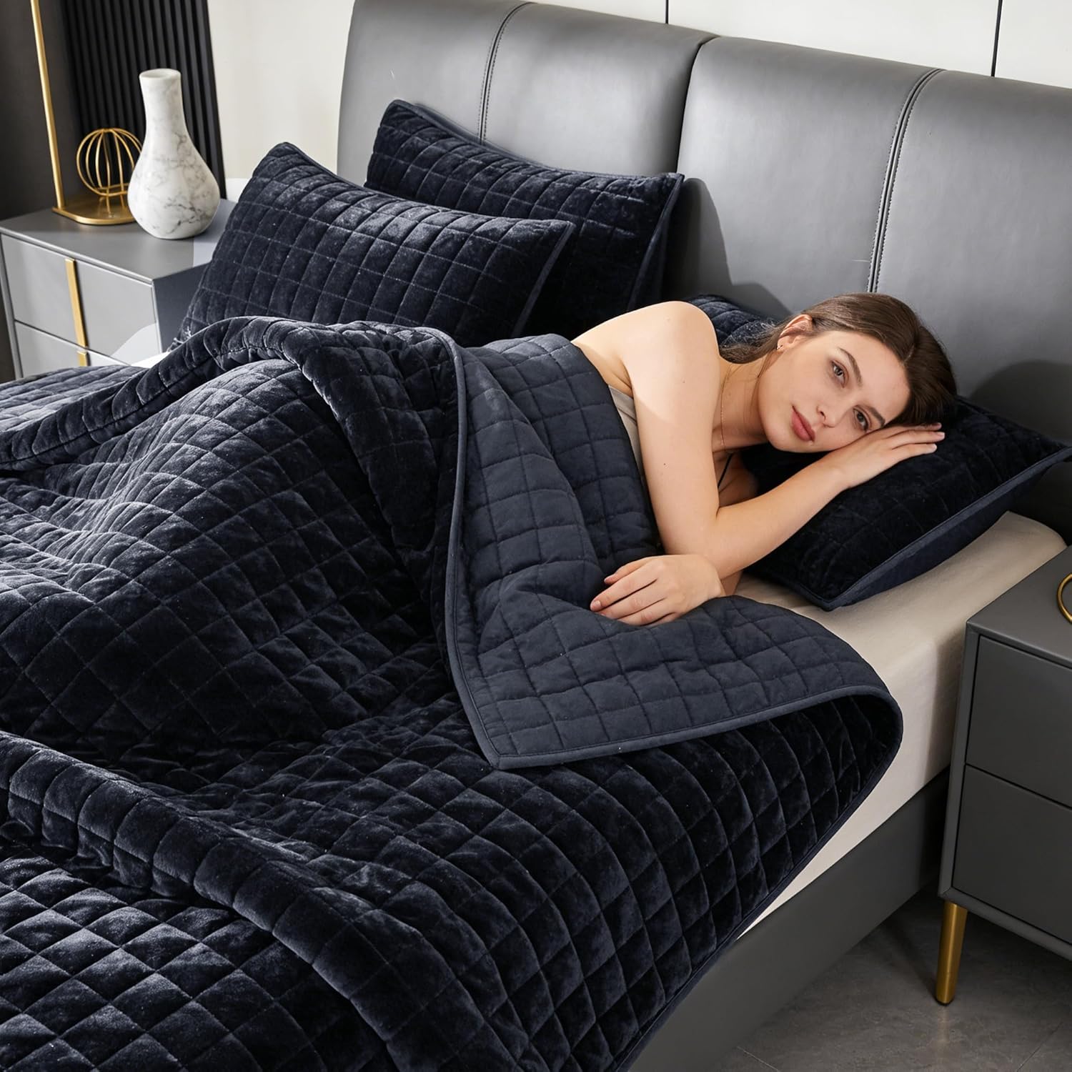 Luxurious Velvet Quilt California King Size Set 106" x118" Ultra Soft Bedding Set Quilted Bedspread Coverlet with 2 Matching Pillow Shams for All Seasons,Blue Gray - Image 2