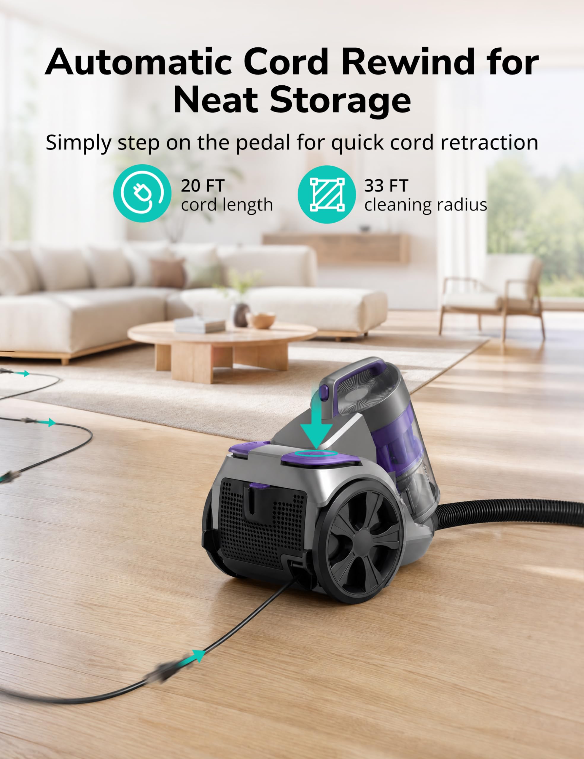 Lot de 2 filtres HEPA anti-allergènes, tasse à poussière de 3,5 l, 4 outils, aspirateur filaire pour sols durs, tapis, poils d'animaux, aspirateur sans sac de 1700 W, filtration