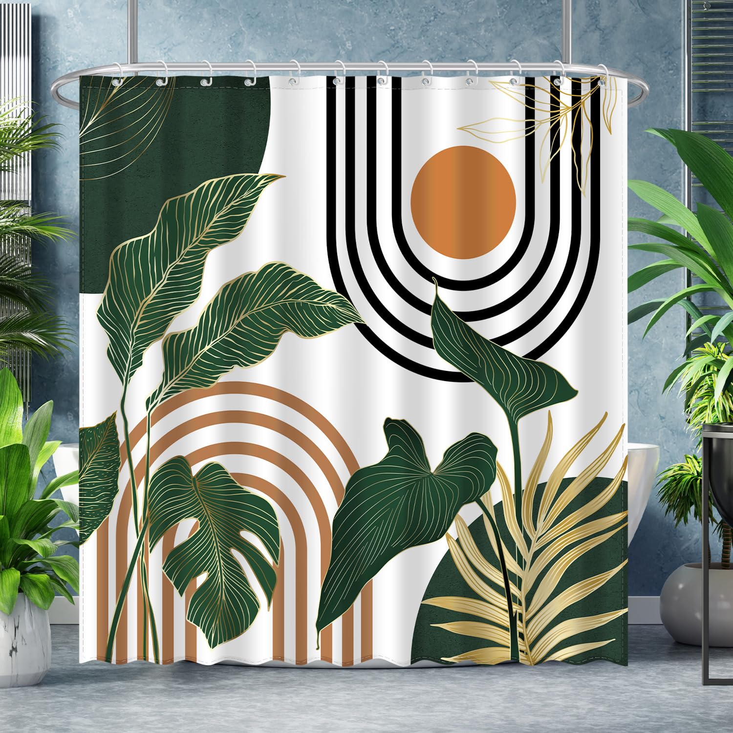 Boho Mid Century Shower Curtain, Bohemian Modern Abstract Minimalist Aesthetic Bathroom Decor Tropical Botanical Leaves Waterproof Fabric Cloth Bath Curtain with 12 Hooks (Boho 2, 72x72 Inches)