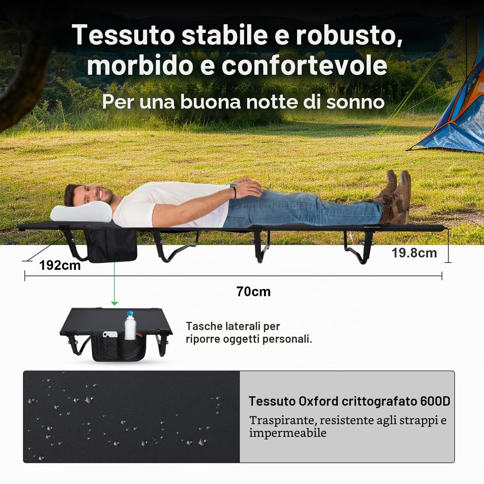 Lettino da Campeggio Ultraleggero, Pieghevole Brandina da Campeggio, Portatile, 192 x 70 cm, Peso Massimo 160 kg, Facile da Costruire, per Campeggio, Viaggi, Escursioni, Spiaggia, Nero