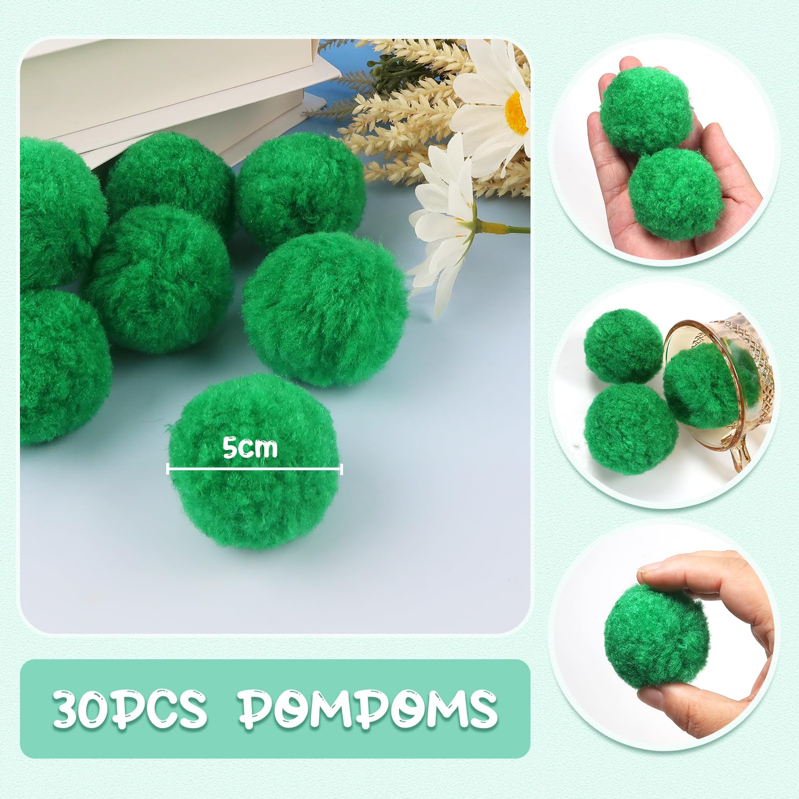 TOAOB 30pcs 5cm Large Pom Poms Balls Green Fluffy Pompoms for DIY Crafts Decorations - Image 2