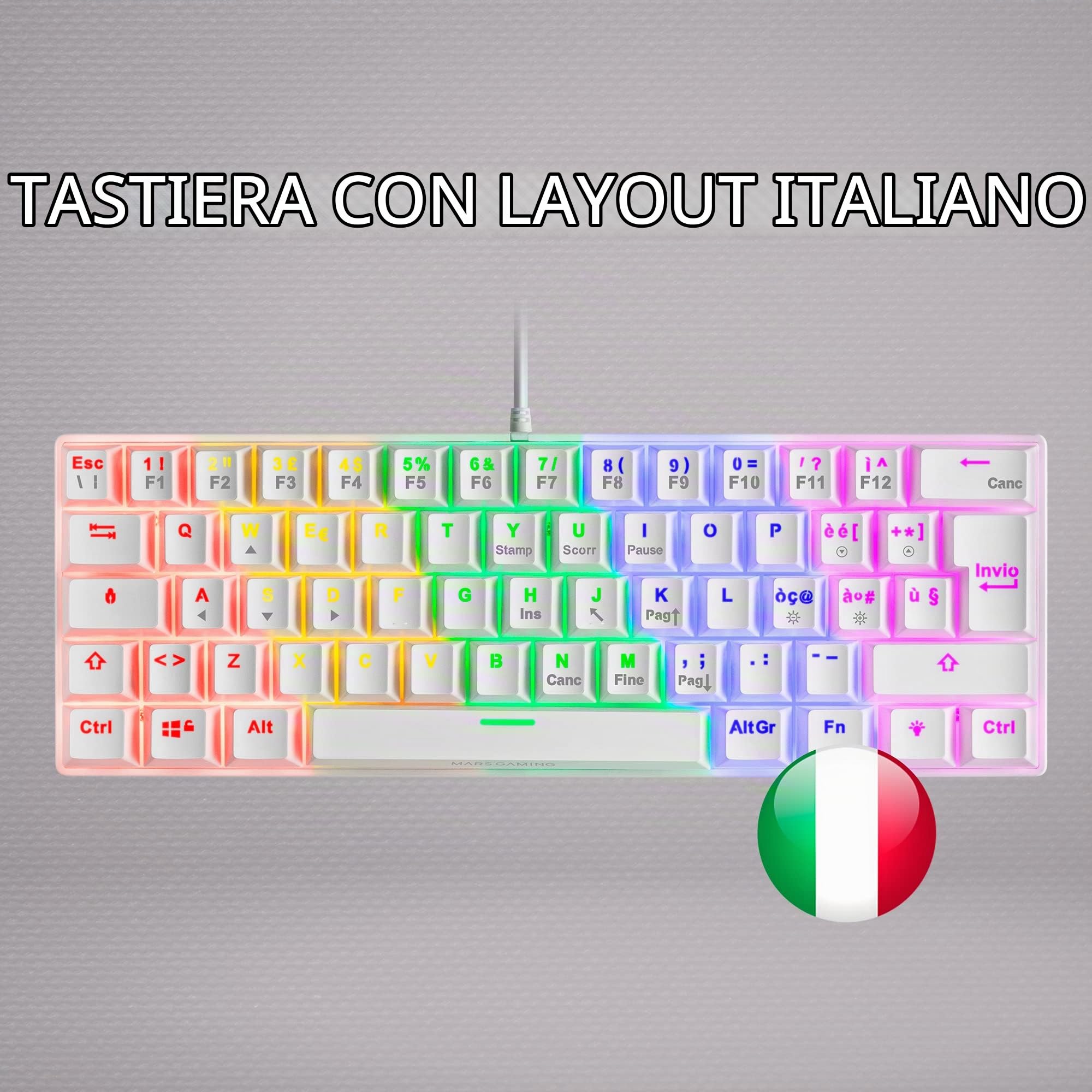 Mars Gaming MK60 Bianco, Tastiera Gaming Meccanica FRGB, Antighosting, Switch Meccanico Rosso, Lingua Italiano