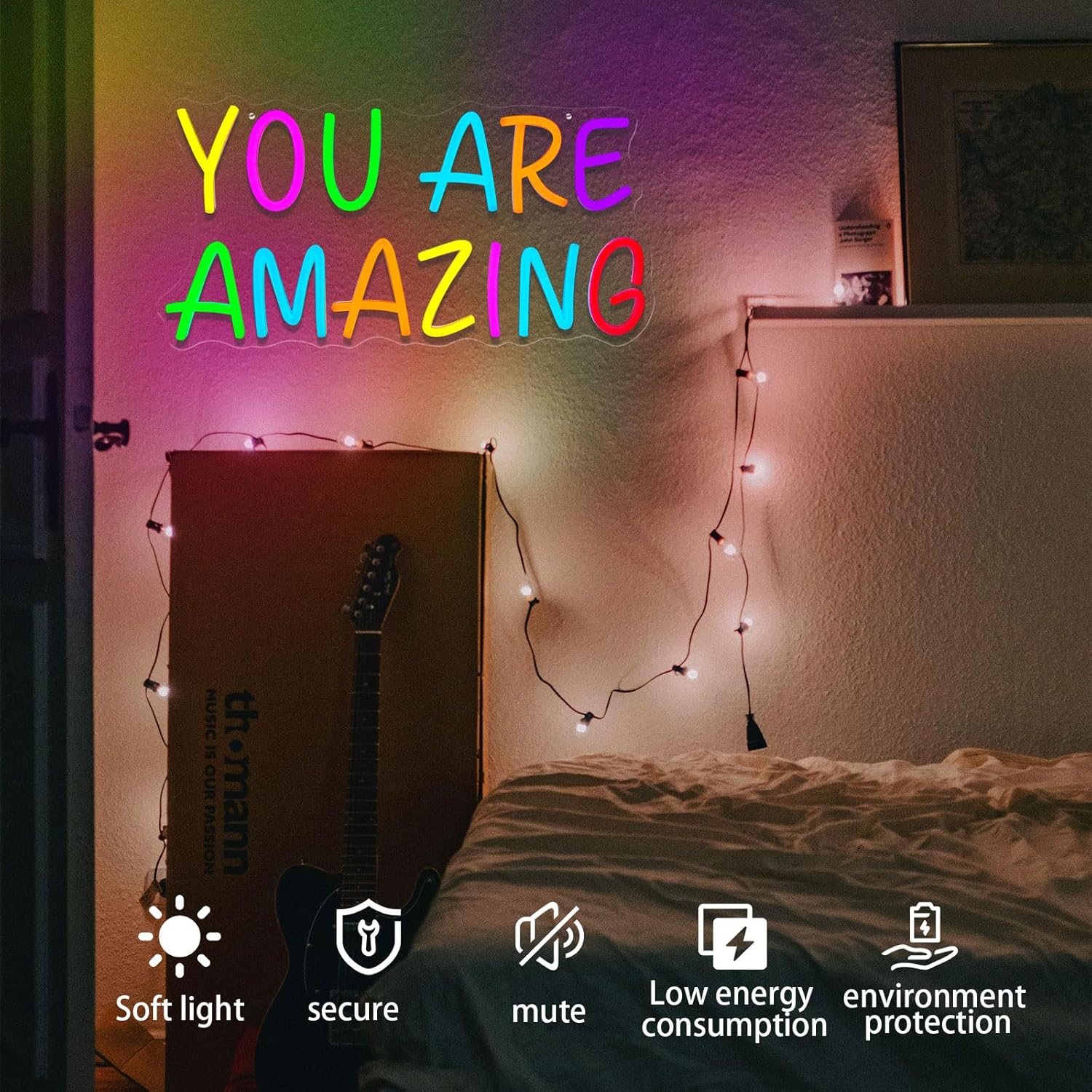 You Are Amazing Neon Sign Room Decor Classroom Colorful Dimmable Led Letter Neon Lights for Wall Decor Light Bedroom Home Bar Man Cave Party Nursery Birthay Gifts - Image 2