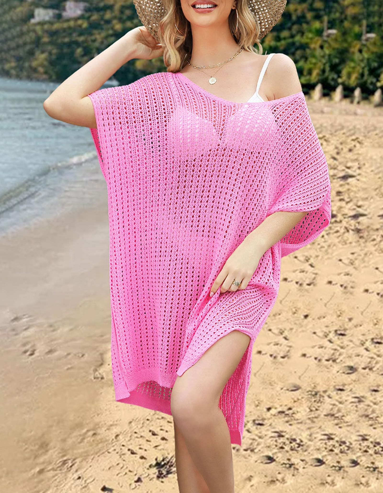 Vestito Coprente da Spiaggia Donna Sexy A Scollo A V in Crochet Bikini Maglia Larga da Piscina