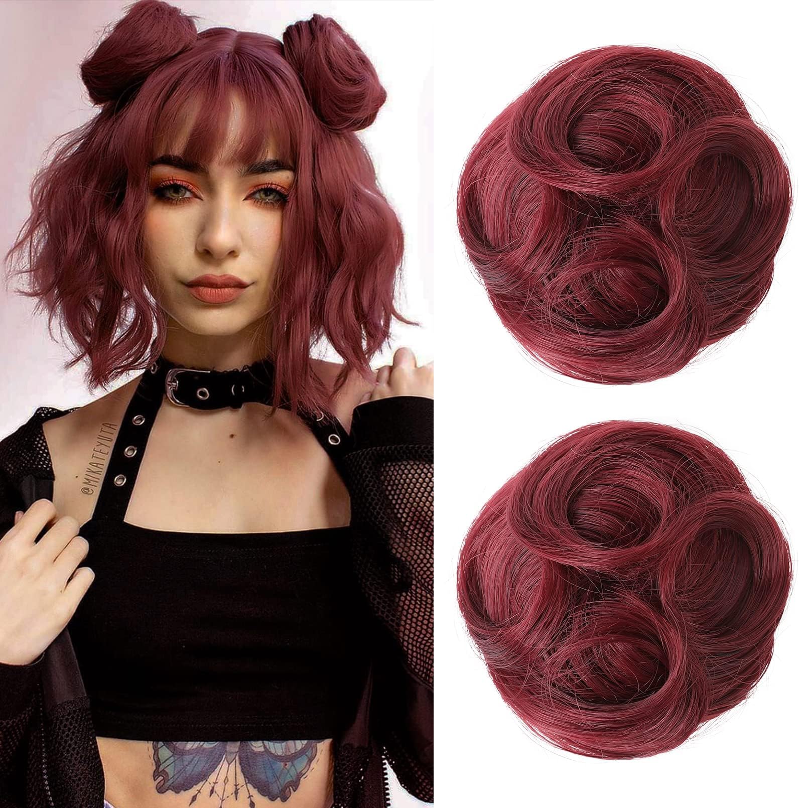 REECHO 2 PCS Mini Claw Clip in Messy & Cat Ears Hair Bun Extensions HB001 Wig Accessory Updo Hairpieces for Women (Pack of 2-3.5" Wavy, Burgundy) 3.5 Inch Wavy