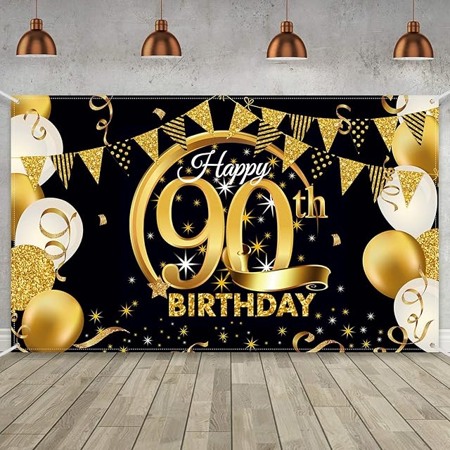 Birthday Party Decoration Extra Large Fabric Black Gold Sign Poster for Anniversary Photo Booth Backdrop Background Banner, Birthday Party Supplies, 72.8 x 43.3 Inch (90th)