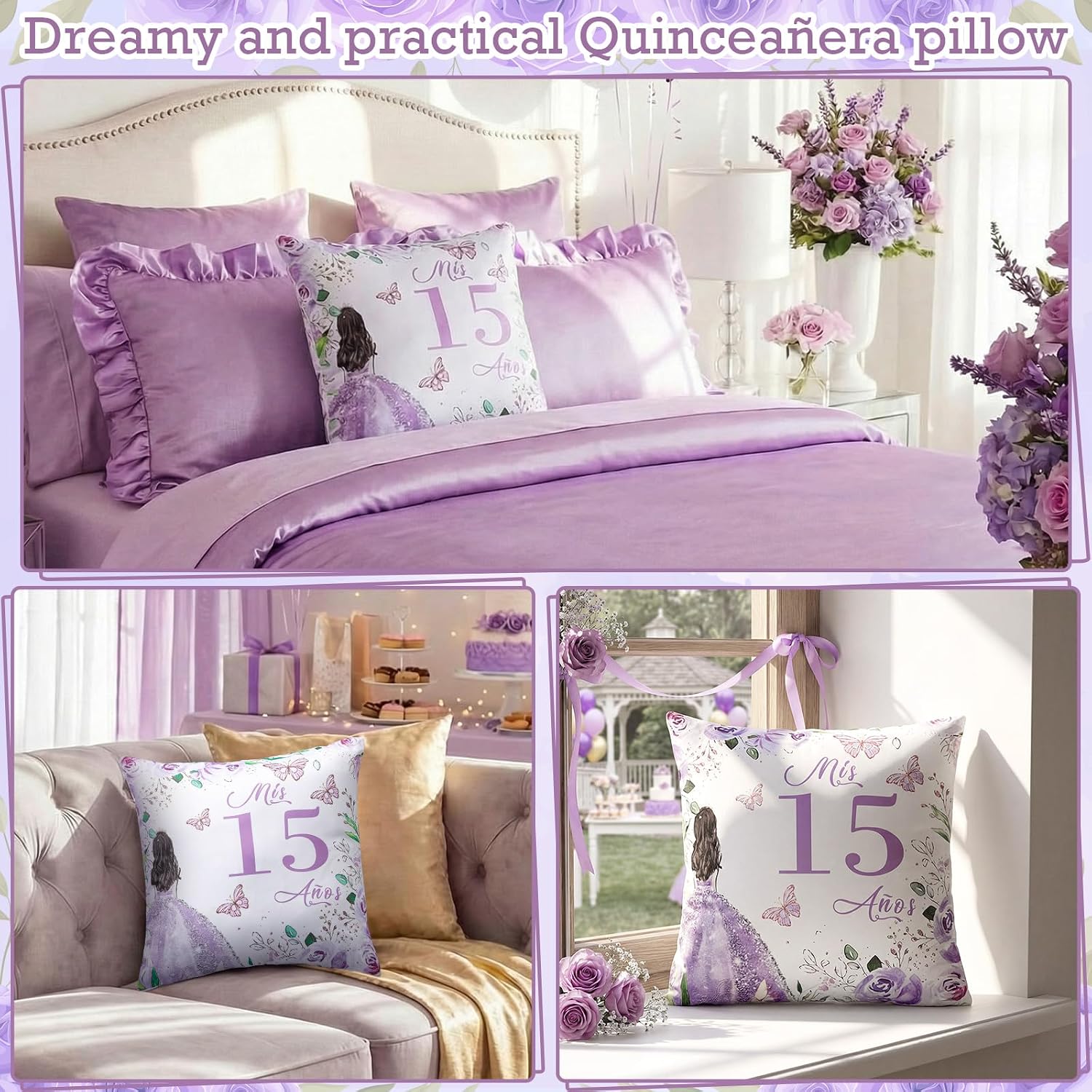 Kathfly Cojines para 15 Años De Quinceañera Decoration 16 x 16 Inche Violet Quinceañera Pillow Gifts Mis Xv Años Throw Pillow Sweet for Daughter Sister Friend 15th Birthday Gifts