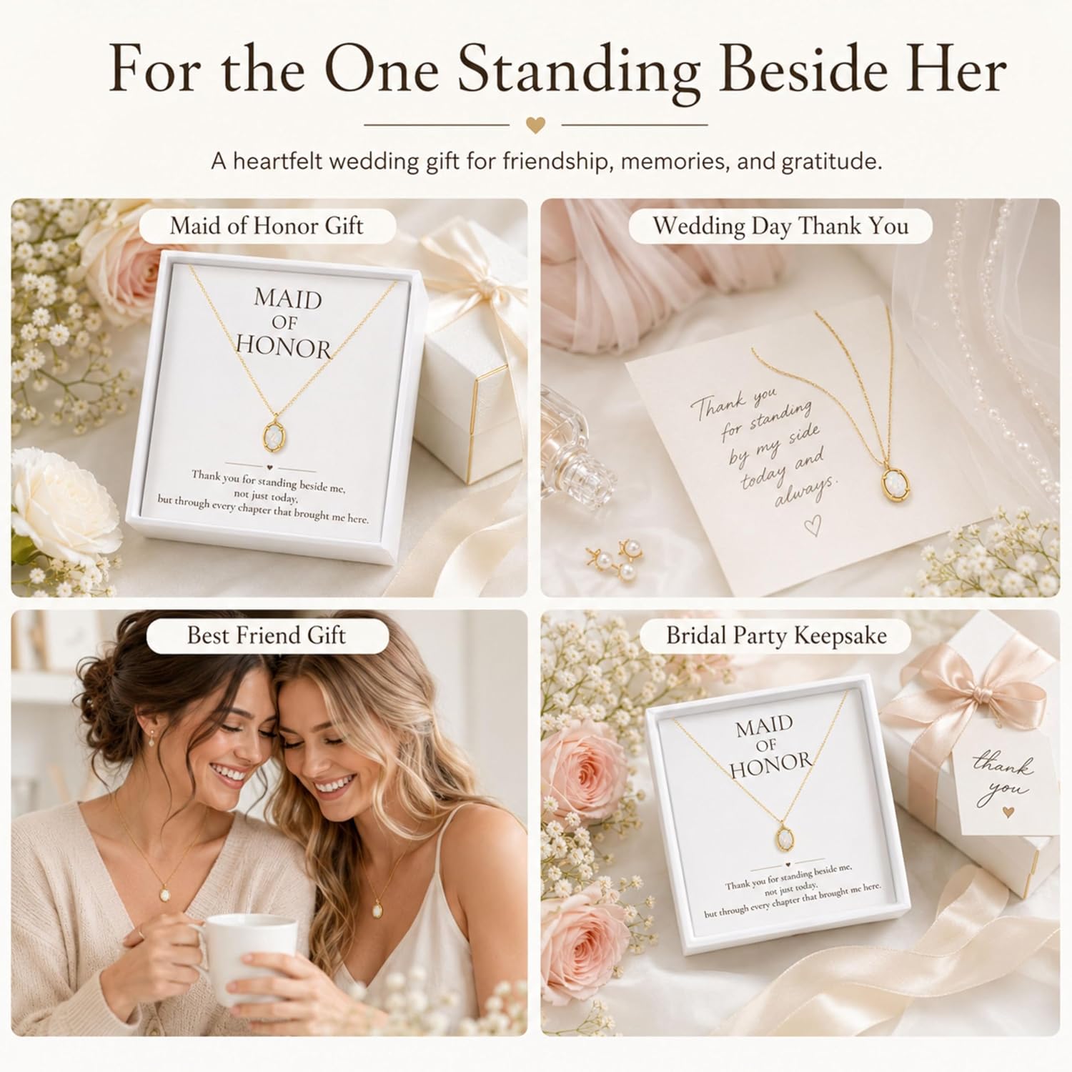 MissDaisy-Maid of Honor Necklace Gift - Wedding Jewelry for Best Friend with Message Card and Gift Box - Gold Plated Opal-Style Oval Pendant Bridesmaid Proposal or Thank You