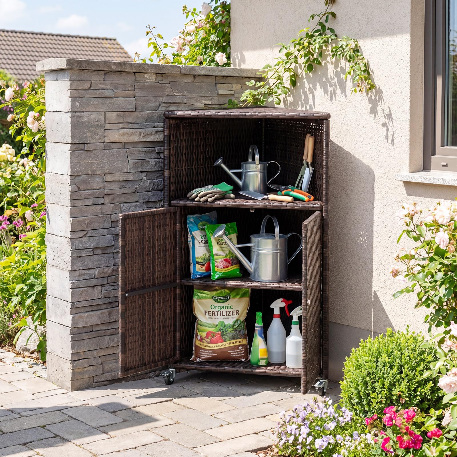 COSTWAY Gartenschrank Rattan Ecke, Terrassenschrank mit Rollen, offenem Fach und Doppeltür, Outdoor Aufbewahrungsschrank, Eckschrank für Garten, Terrasse, Balkon, 66 x 47 x 111 cm
