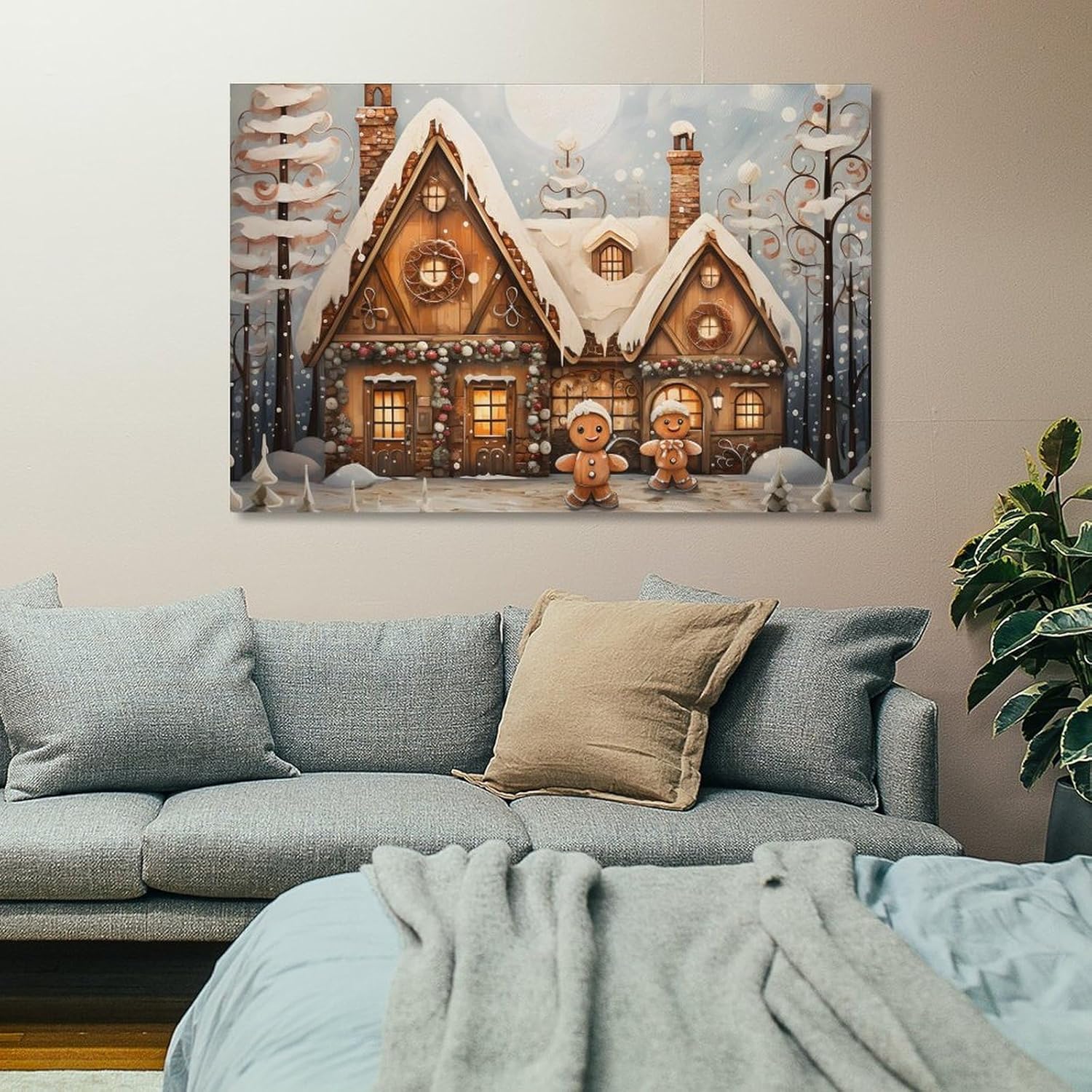 Vintage Christmas Wall Art,Christmas Gingerbread Man Print Farmhouse Christmas Oil Painting Canvas Poster Wall Art Decor Print Picture Paintings for Living Room Bedroom Decoration Frame 12x18inch(30x4