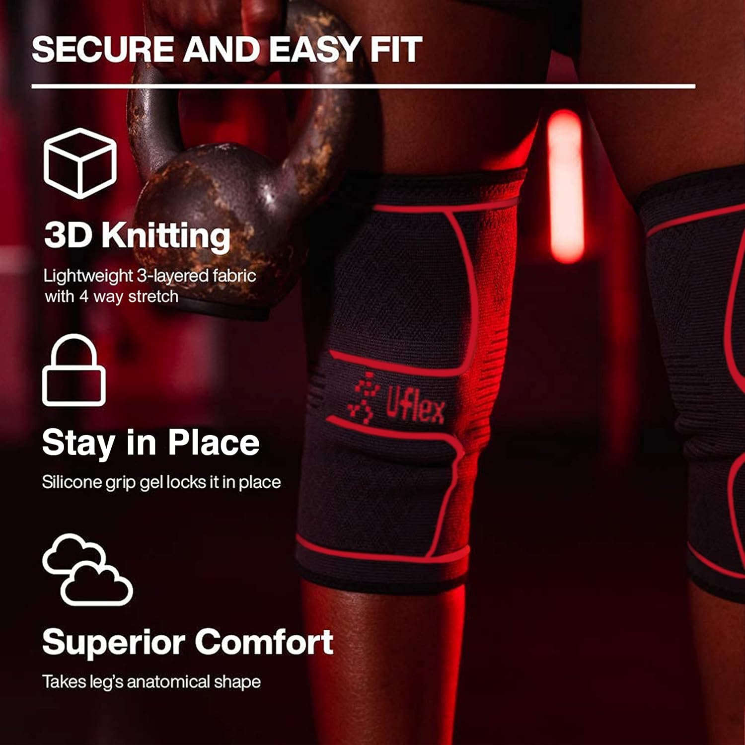 UFlex Athletics Knee Compression Sleeve Support for Women and Men - Knee Brace for Pain Relief, Fitness, Weightlifting, Hiking, Sports - Red, Large : Sports & Outdoors