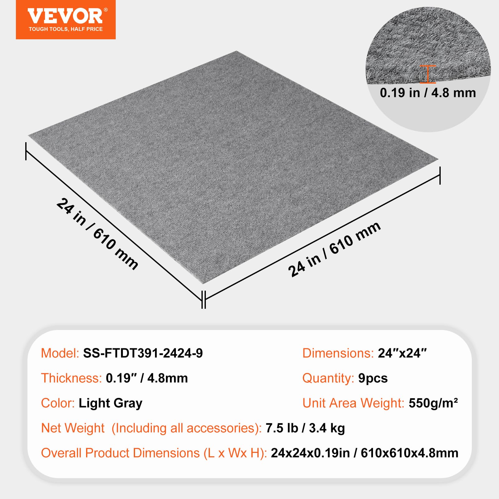 VEVOR Losetas para Alfombras, Despegar y Pegar, Autoadhesivas, Losetas de Alfombra Acolchadas, Fácil de Instalar, Bricolaje para Dormitorio, Sala de Estar, Interior y Exterior (9 Azulejos, Gris Claro)