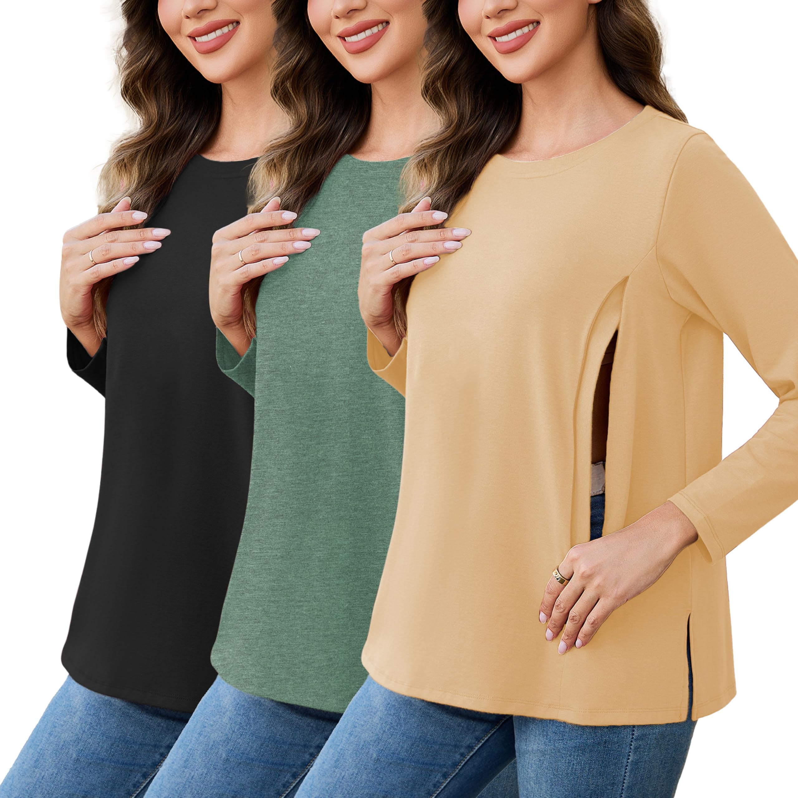Pack de 3 camisetas de lactancia para mujer con cremallera, sueltas de maternidad, manga larga, ropa de maternidad, invierno