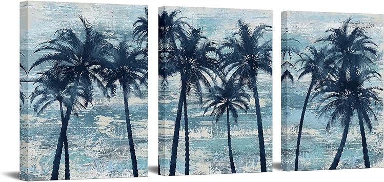 OuElegent 3 Piece Palm Tree Canvas Wall Art Blue Tropical Hawaii Painting Pictures Abstract Beach Artwork Prints for Office Living Rooom Gallery Wrapped Ready to Hang
