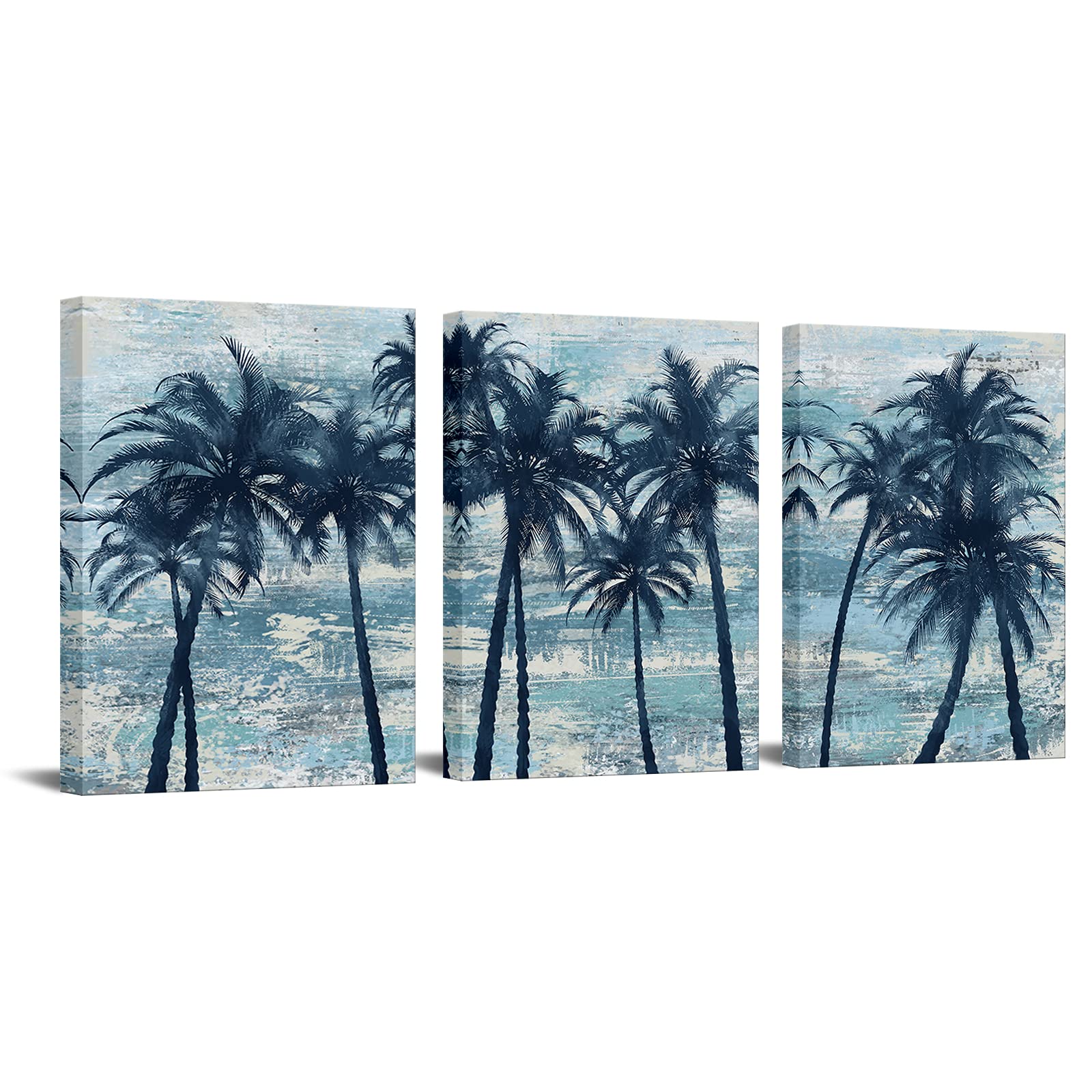 OuElegent 3 Piece Palm Tree Canvas Wall Art Blue Tropical Hawaii Painting Pictures Abstract Beach Artwork Prints for Office Living Rooom Gallery Wrapped Ready to Hang