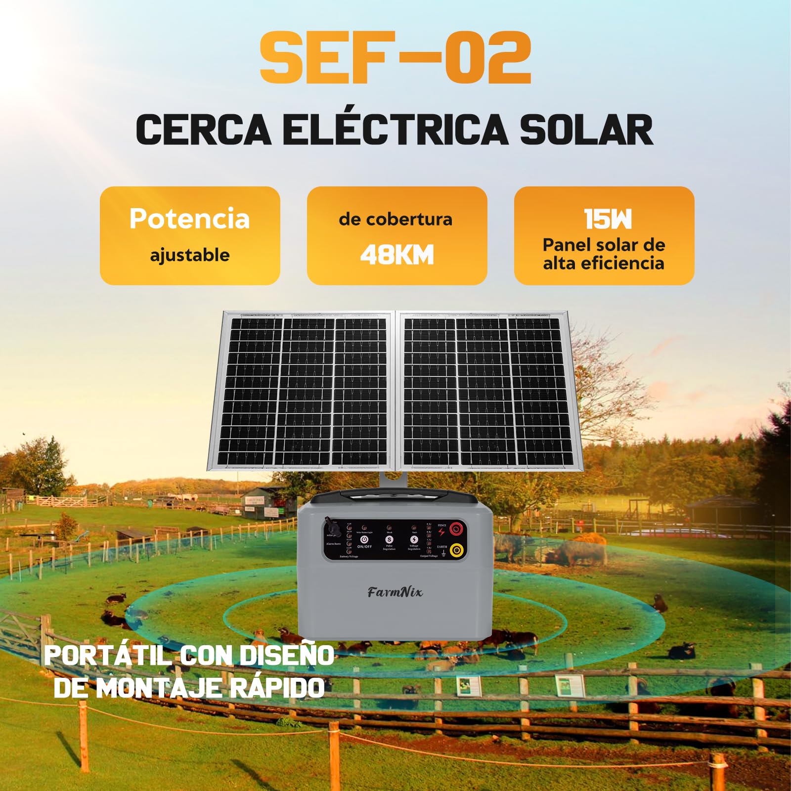48KM Solar Pastor Electrico, 0.3- 1.5J 6-12KV Ajustable pastor electrico Cerca eléctrica Controlador para Granja de animales, Electrificador de cercados para Ganado, Aves, Granja