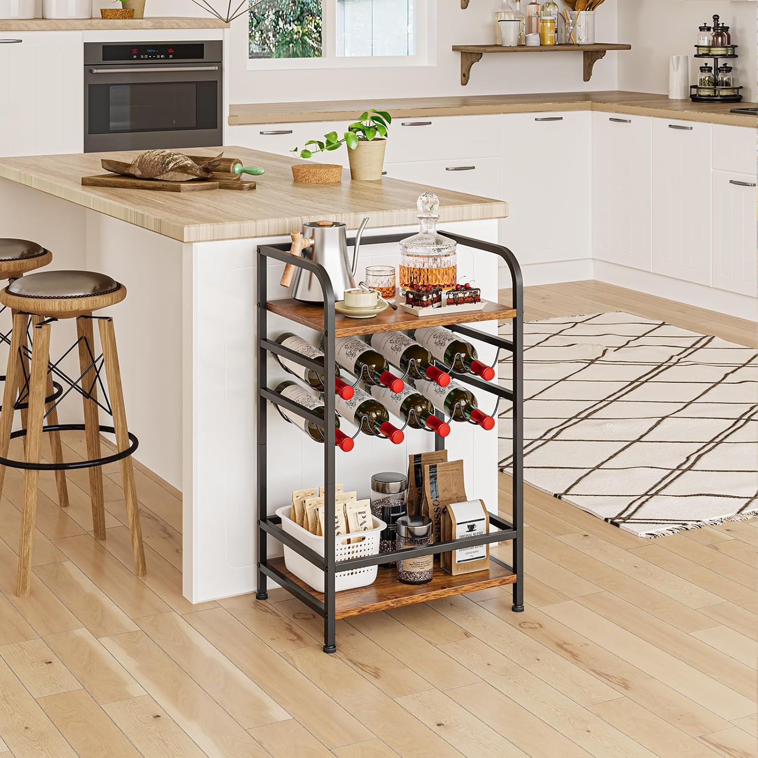 Dripex Étagère à vin à 4 étages - Petite étagère à Bouteilles pour 8 Bouteilles - Porte-Bouteilles autoportant avec Plateau de Table - pour Cave, Bar et Salle de Rangement -43 x 30 x 75 cm