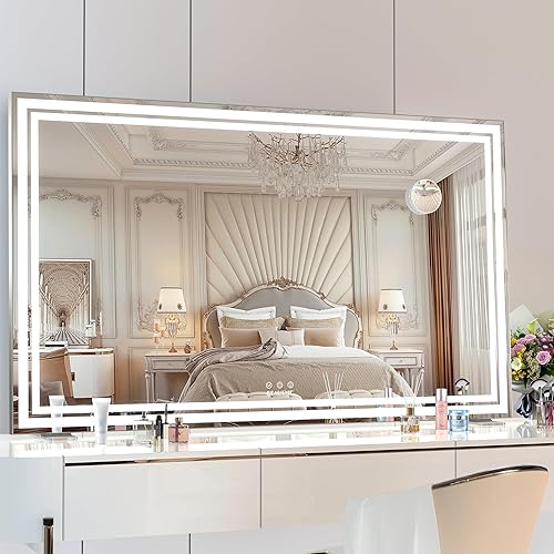 BEAUTME Espejo de tocador, espejo grande de Hollywood con luces para mesa, espejo de maquillaje iluminado para vestidor y dormitorio, espejo de