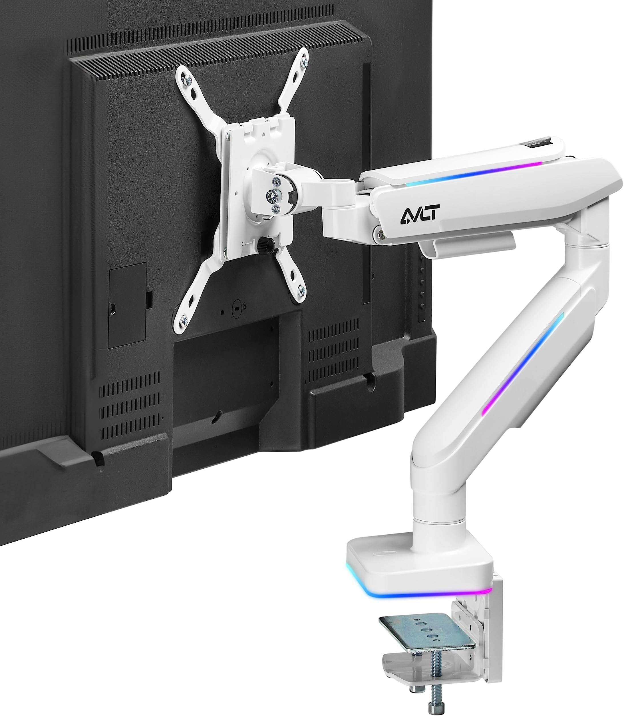 AVLT RGB Lights Single 17”-43” Gaming Monitor Arm Desk Mount, Fits One Flat/Curved/Ultrawide Screen up to 44lbs(20kg), Height Swivel Tilt Adjustable Stand - White