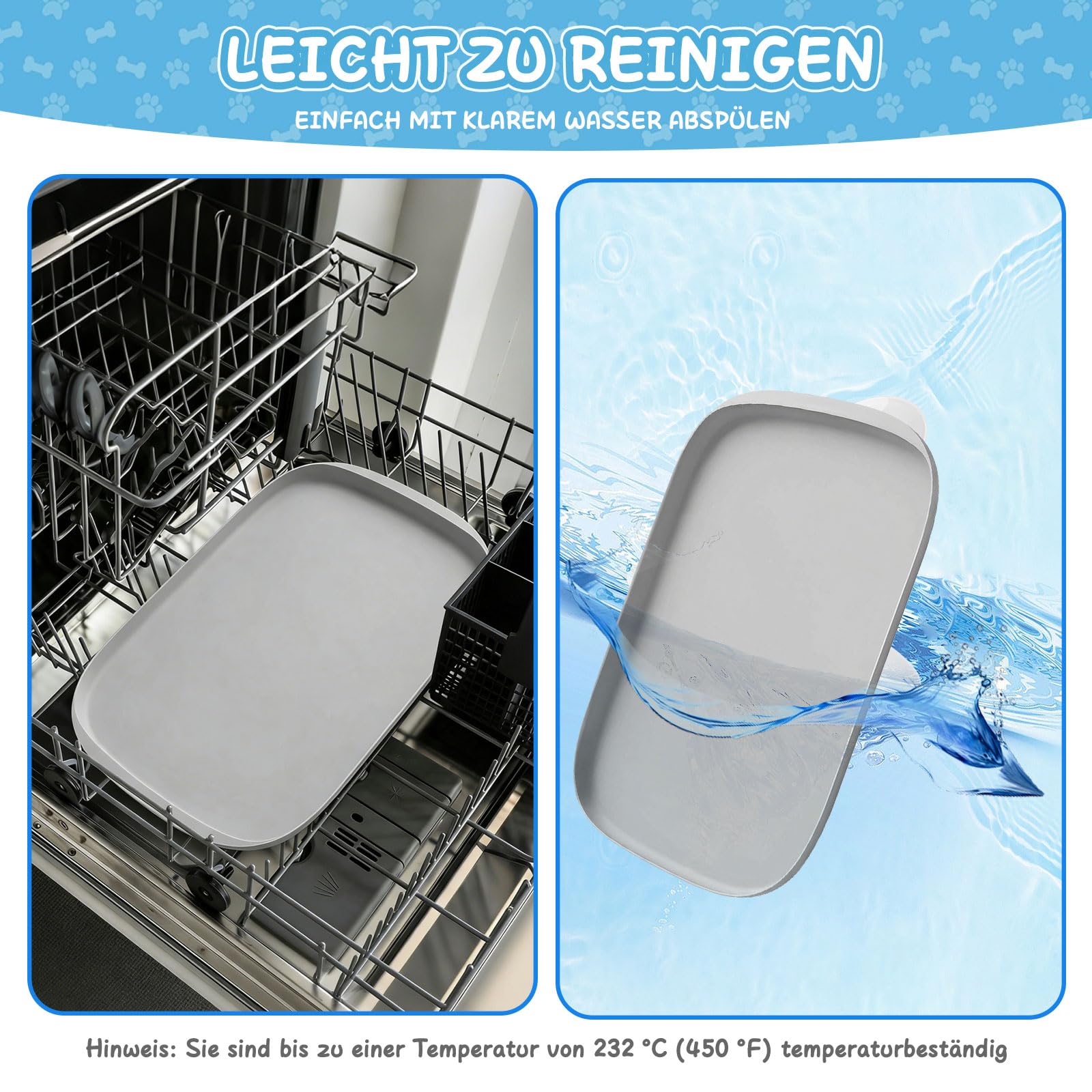 Hundefuttermatte - Silikon-Futtermatte für Haustiere, rutschfeste Katzennapfmatte, Wasserdichtes Tablett-Kissen, Napfunterlage Katzen für Mittlere und Kleine Haustiere (Hell-Grau, 45x30 cm)