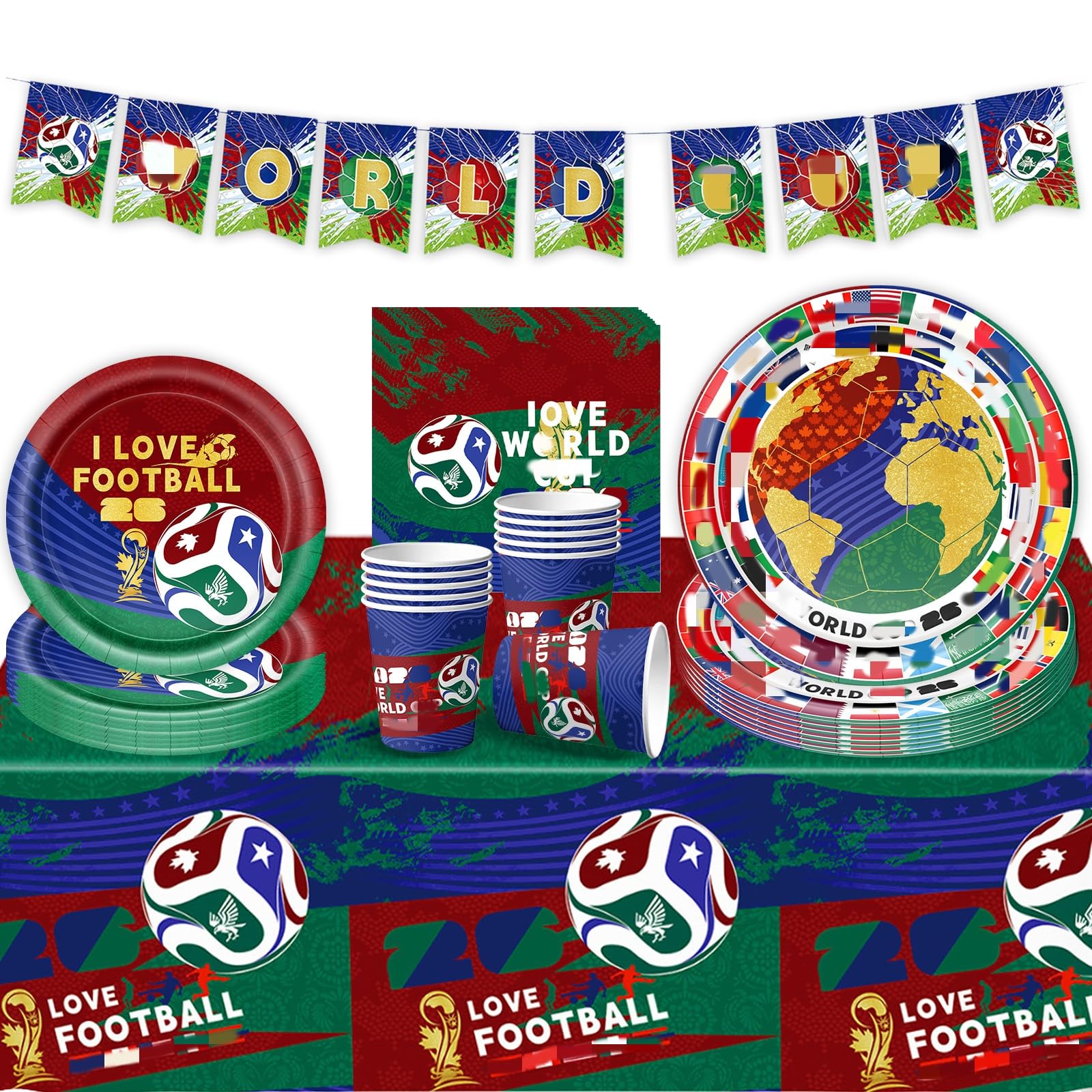 52PCS 2026 World Football Cup Party Tableware Set, Football Party Pack for 10 Guests Includes Banner Soccer Plates Cups Napkins Tablecloth, Disposable Dinnerware for Match Day, Pub Watch Party