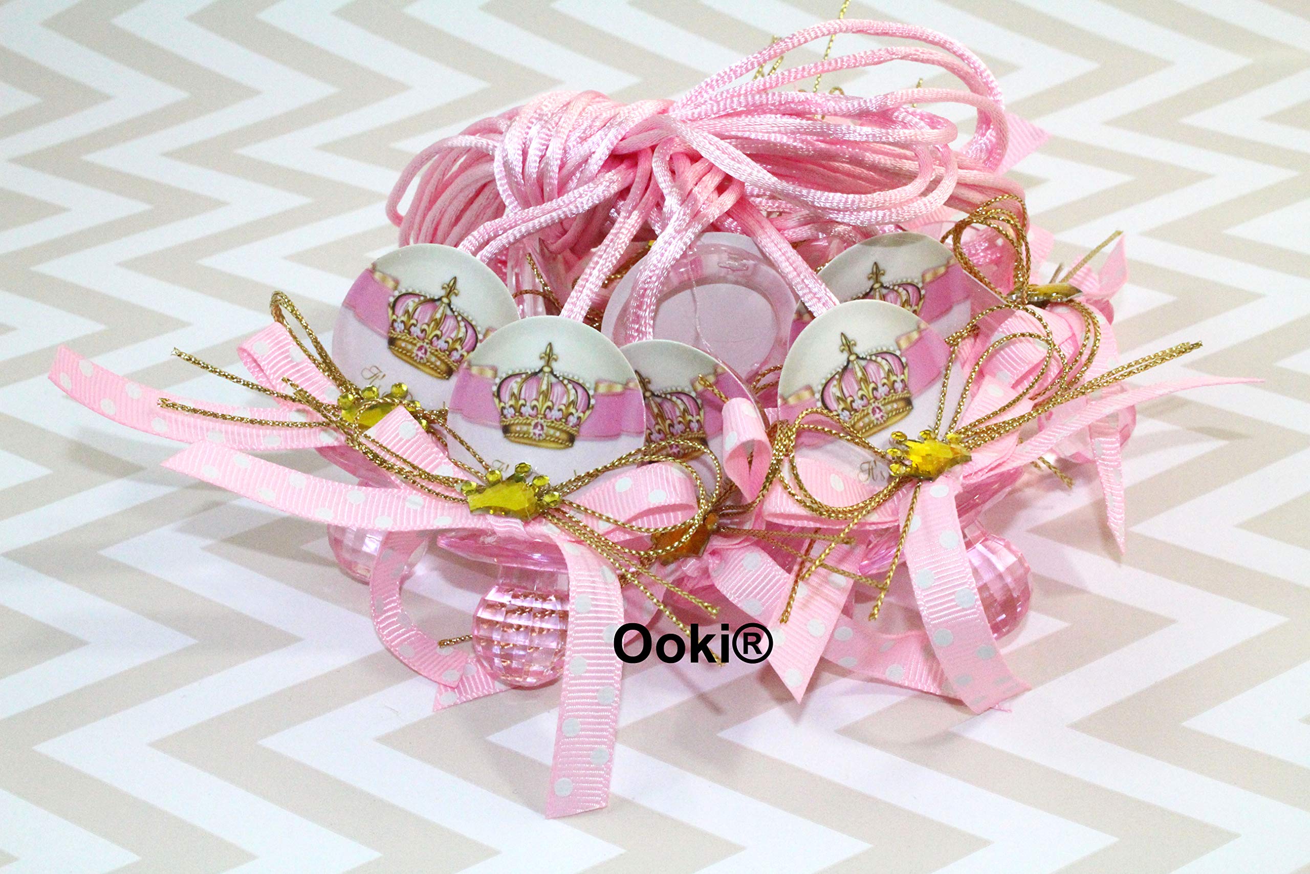 Royal Crown King and Queen Polka Dot Acrylic Pacifier Ribbon Necklaces Baby Shower Game Favors Prize Decorations Boy Girl (Pink)