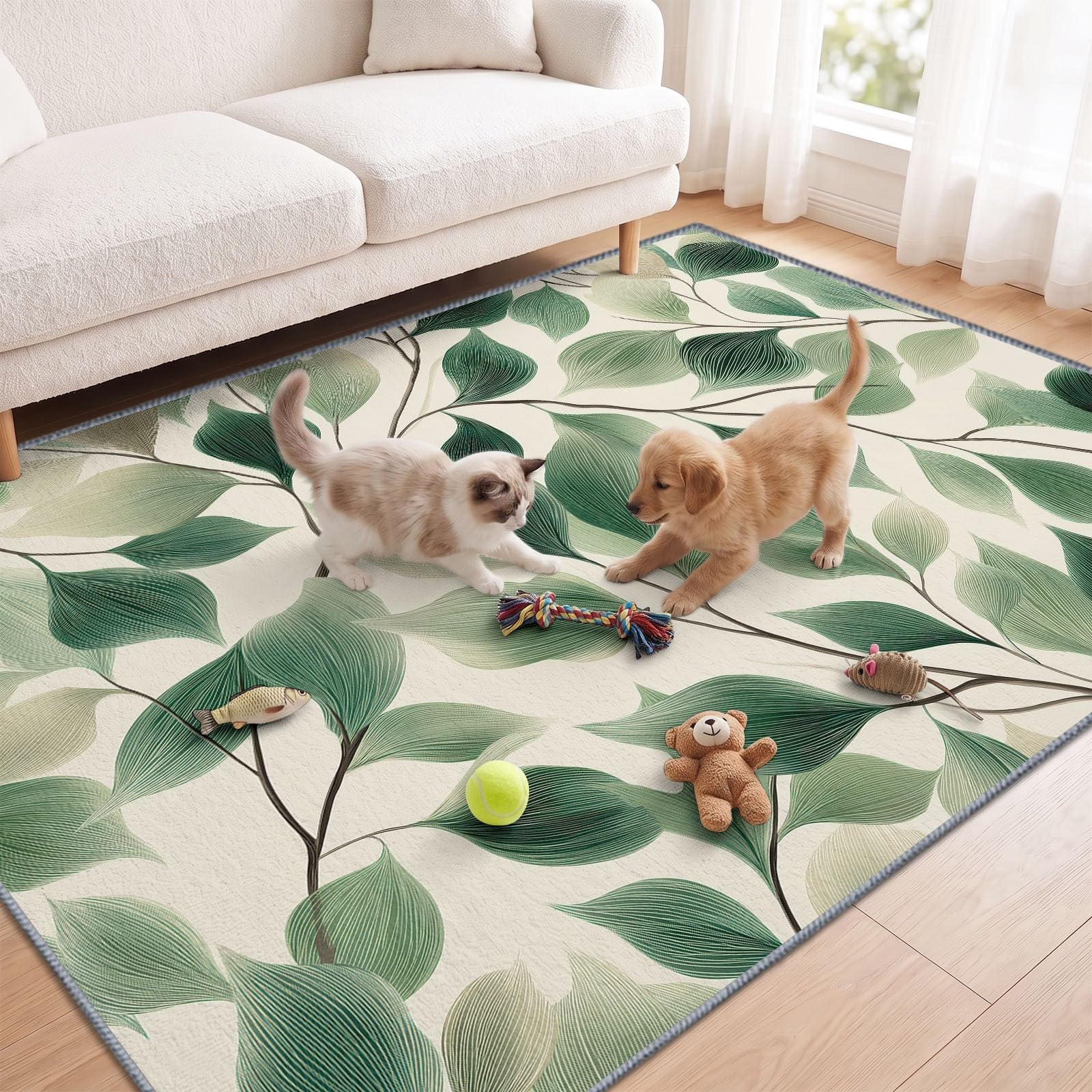 Générique Botanique Tapis, 160 x 230 cm, Branche Feuille Sauge Verte Décoration Moquette avable Salle de Tapis, Pliable Doux Réduire Bruit Lancer Moquette pour Chambre à Coucher