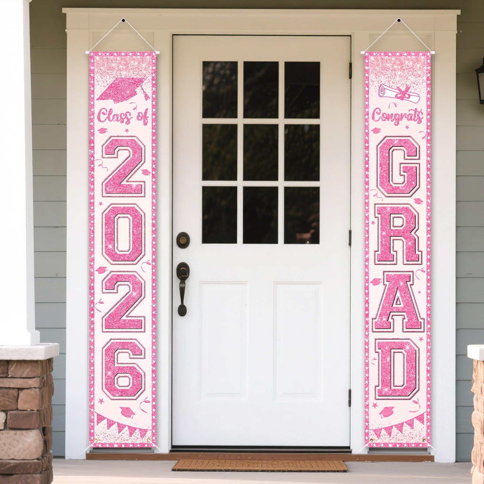 Jansun 2026 Pink Graduation Banner Party Decoration Class of 2026 Porch Sign Graduation Congrats Grad Rose Gold Photograph Banner Door Hanging for